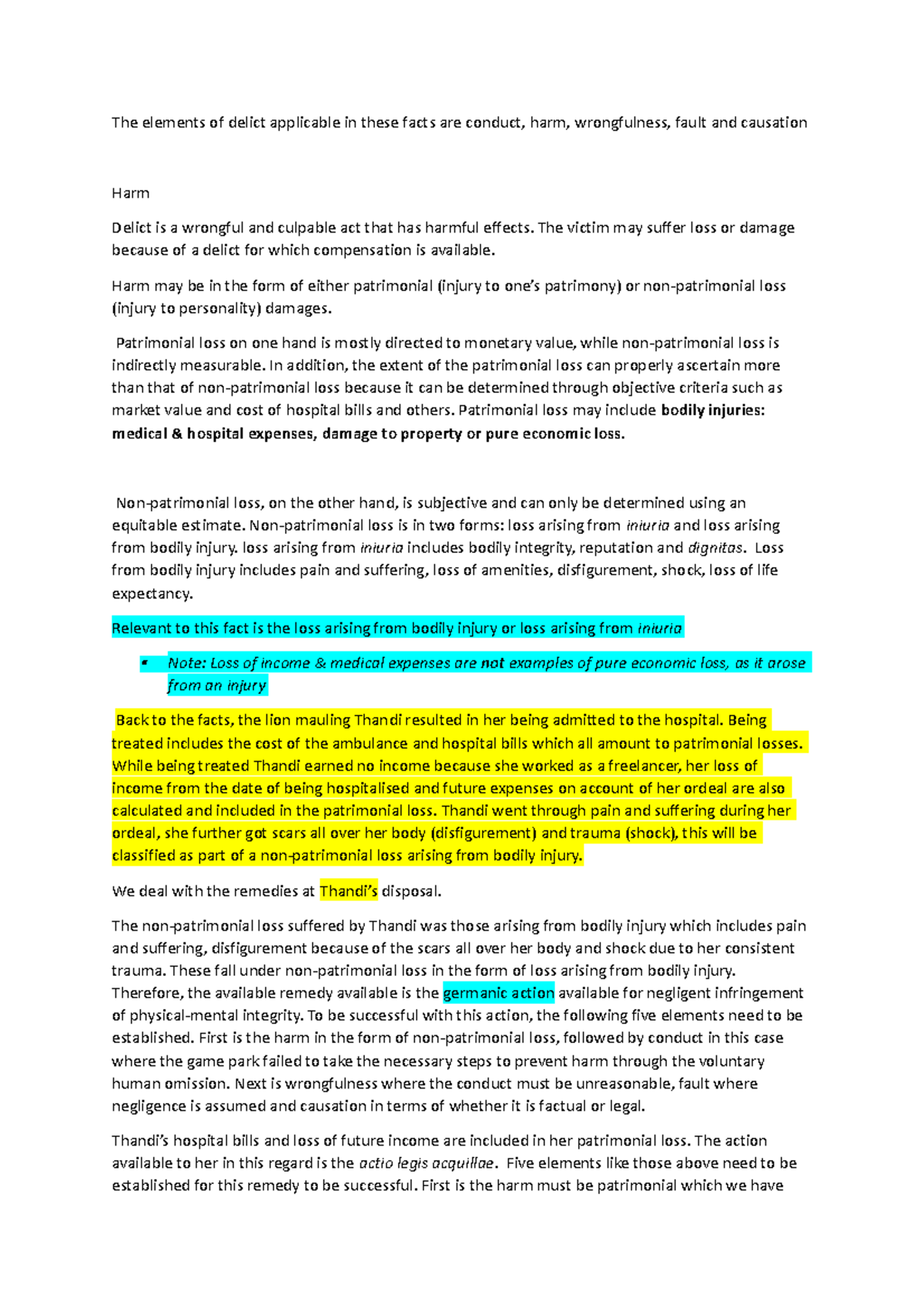 Notes-delicts - The elements of delict applicable in these facts are ...