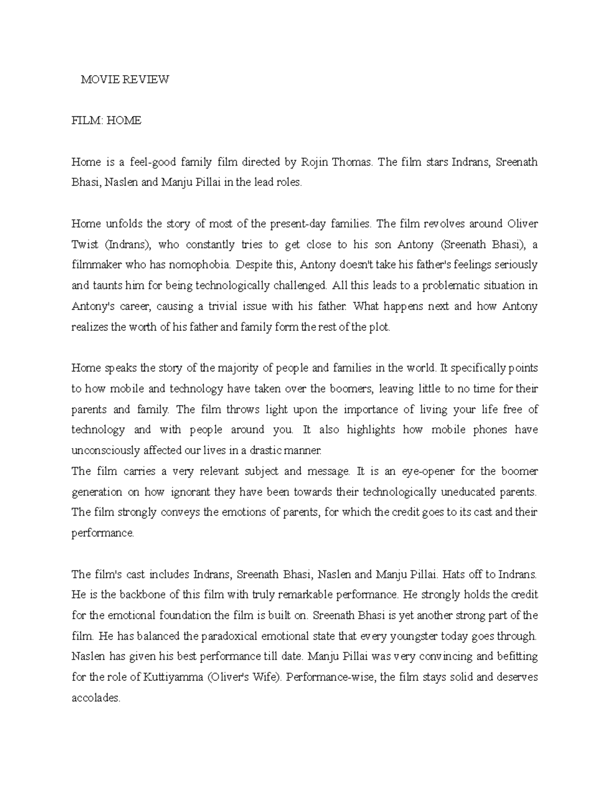 Movie Review 1 - very nice - MOVIE REVIEW FILM: HOME Home is a feel ...