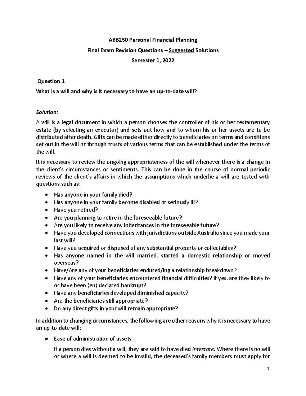 AYB250 Exam Revision Solutions 2022 AYB250 Personal Financial