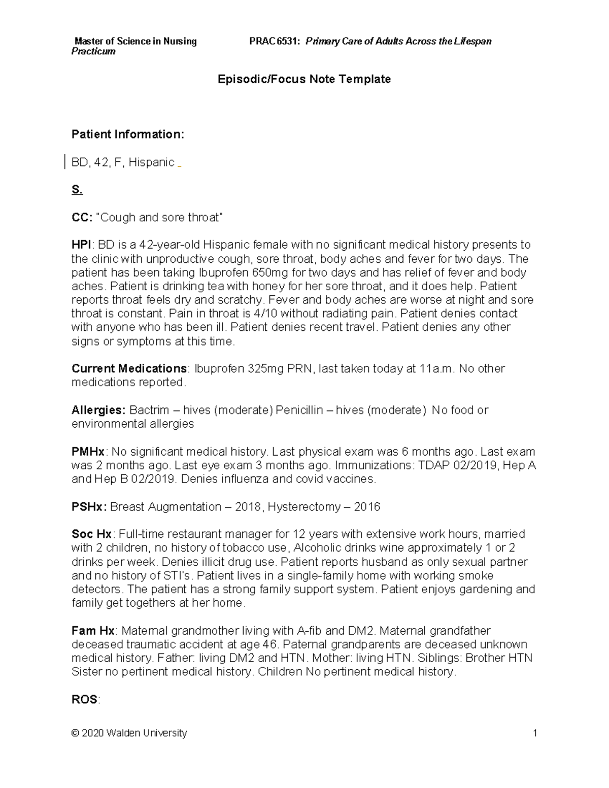 Heent SOAP Note - Practicum Episodic/Focus Note Template Patient ...