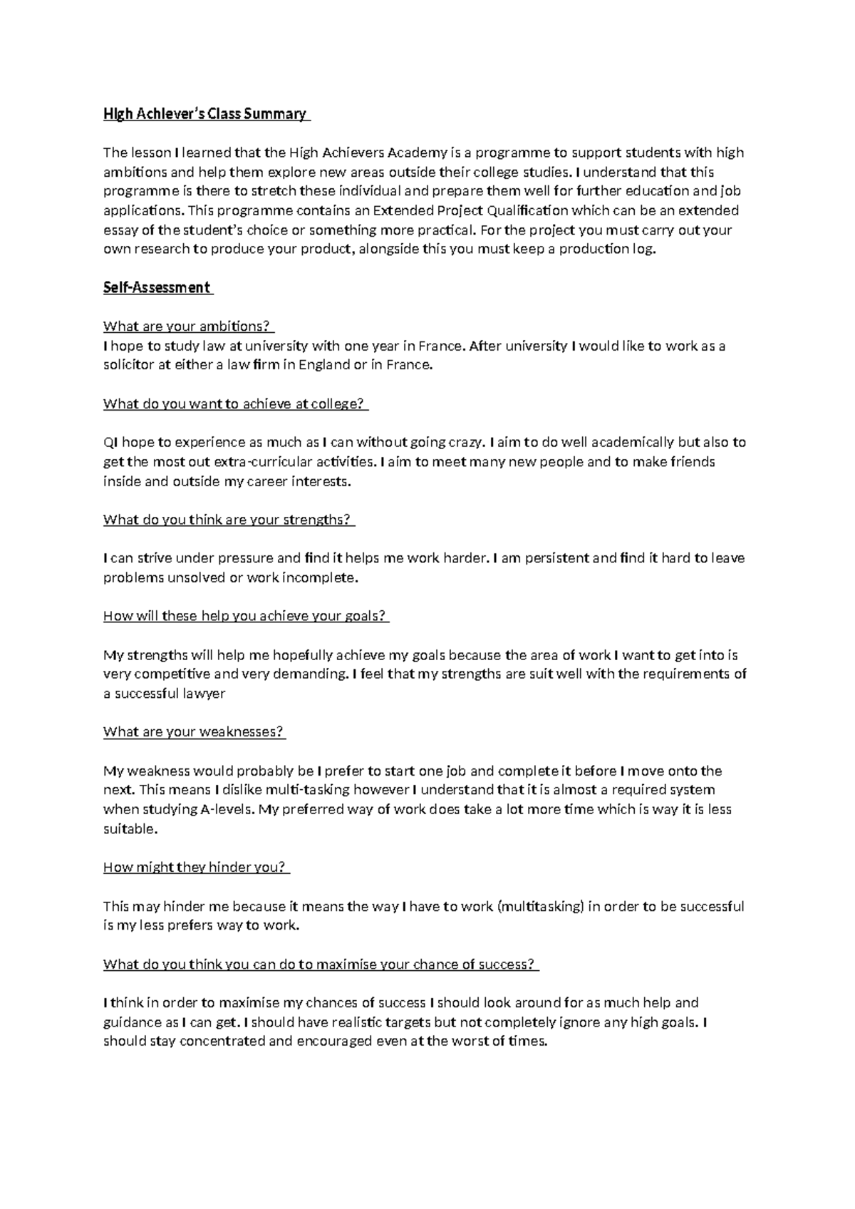 Class 1 summary - High Achiever’s Class Summary The lesson I learned ...