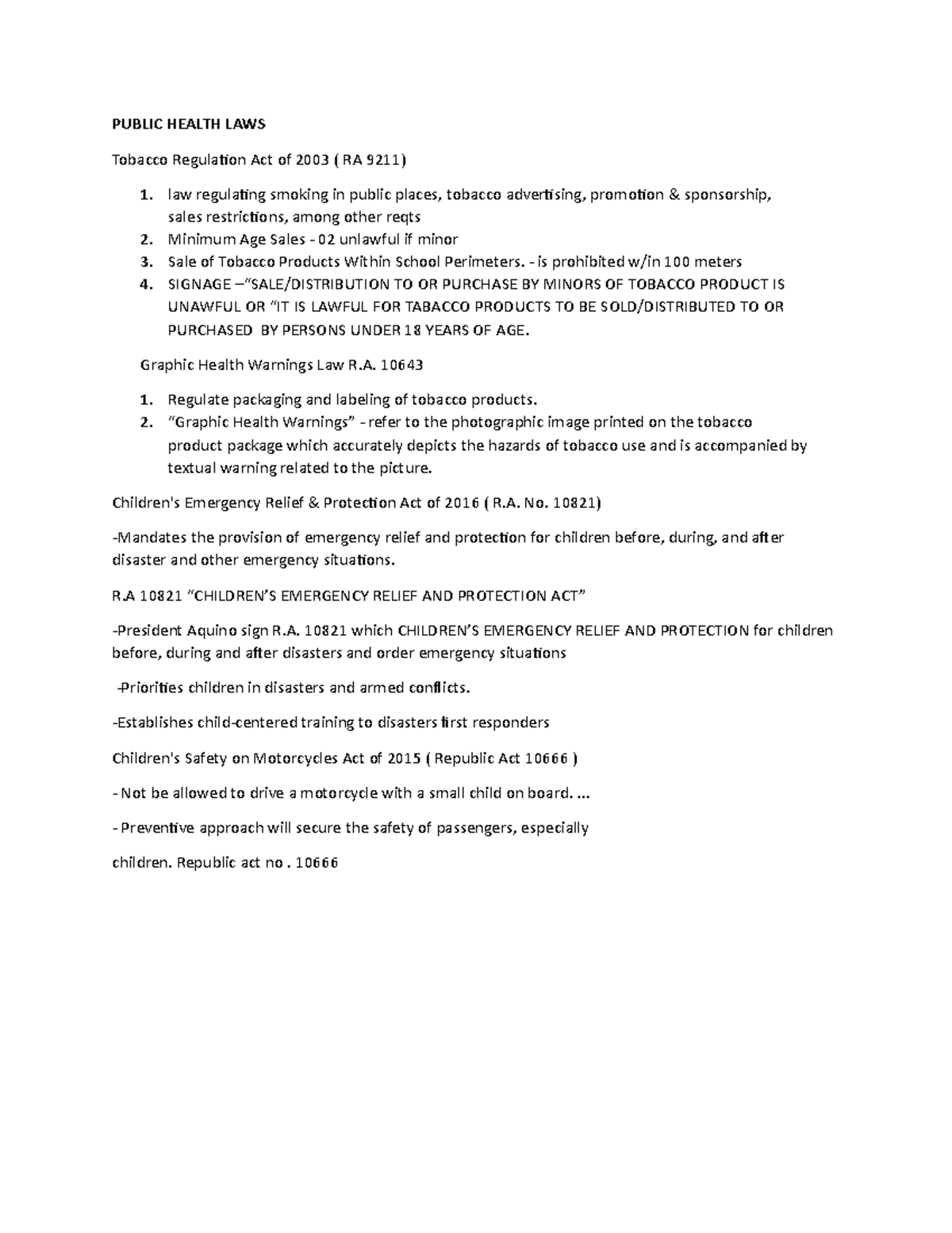 Clinical Nursing Notes PUBLIC HEALTH LAWS Tobacco Regulation Act of