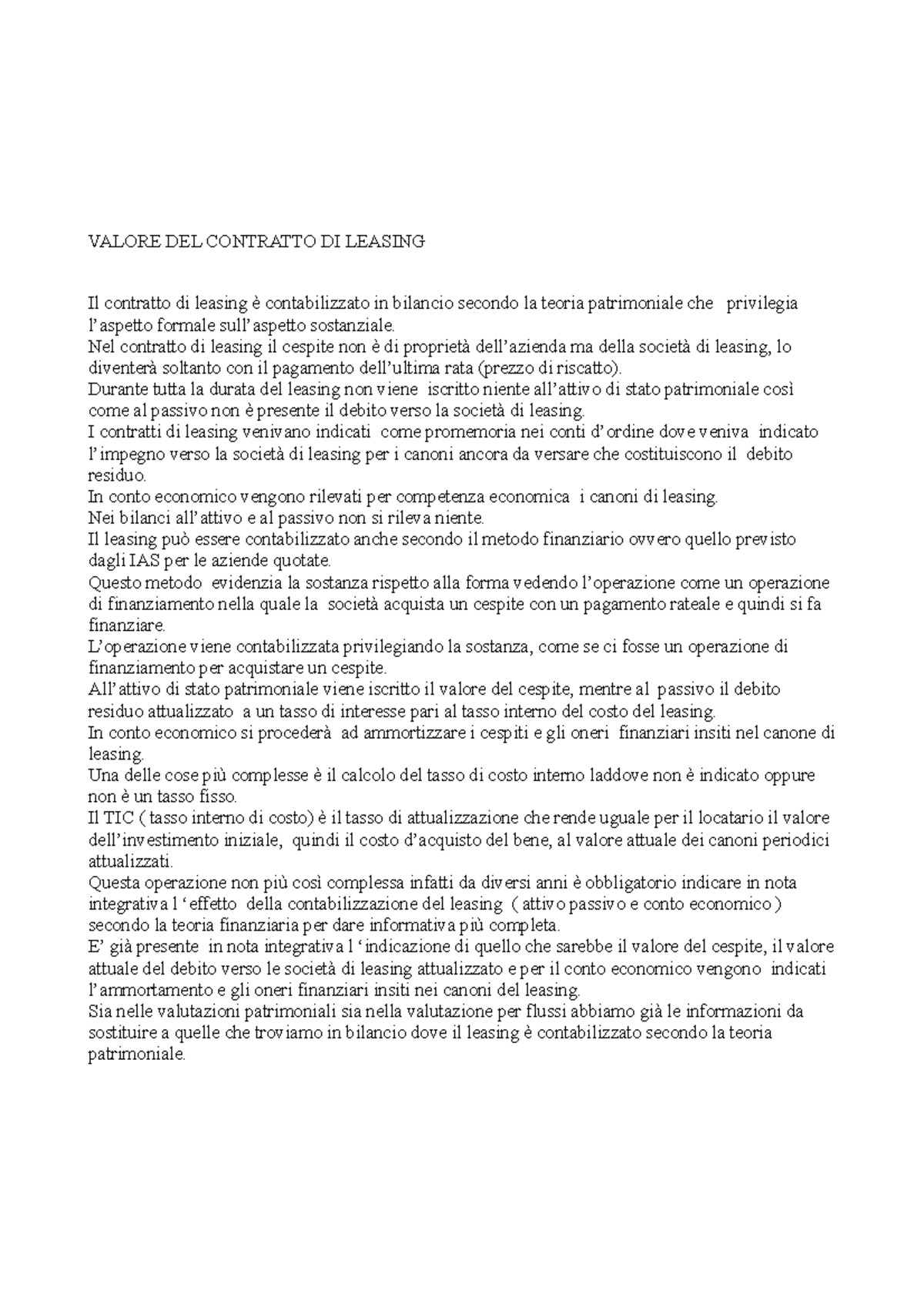 Valore del contratto di leasing - VALORE DEL CONTRATTO DI LEASING Il ...