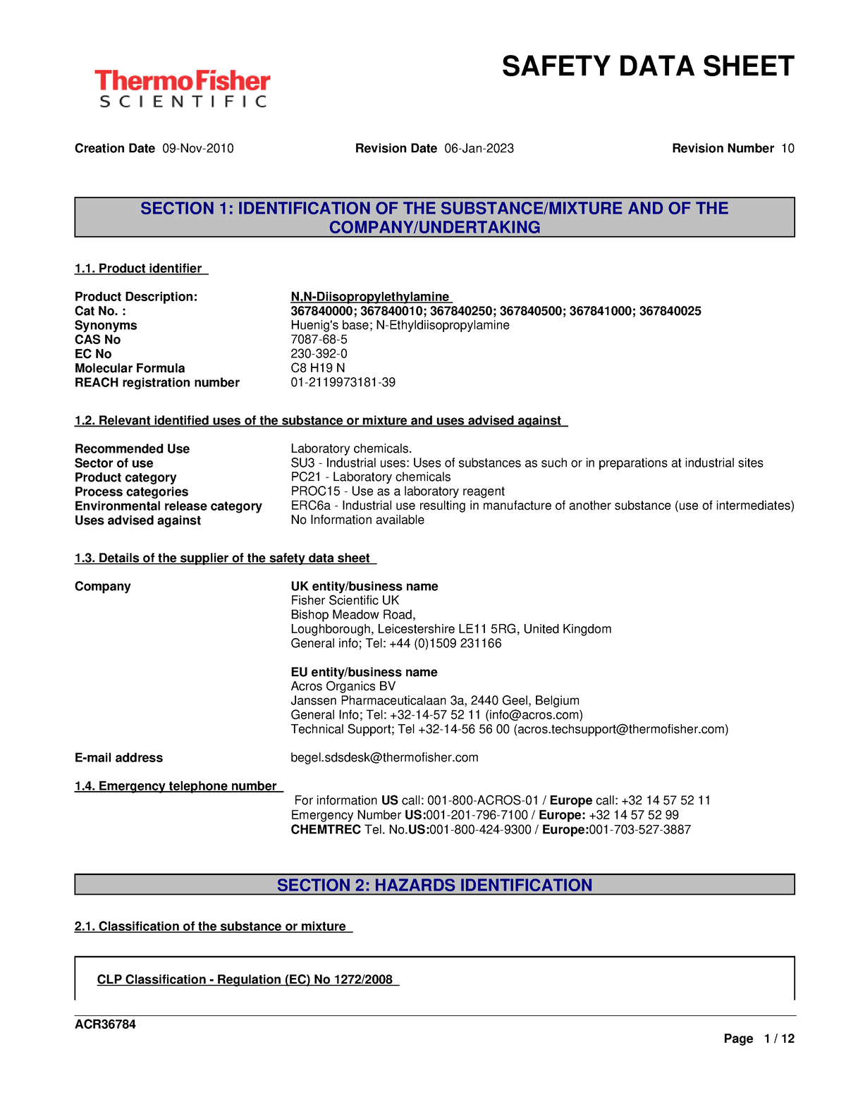 SDS Thermo Fisher Scientific Cas No - Creation Date 09-Nov-2010