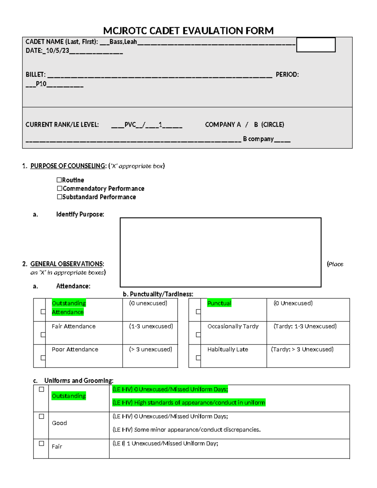 Cadet Counseling FORM Blank - MCJROTC CADET EVAULATION FORM CADET NAME ...