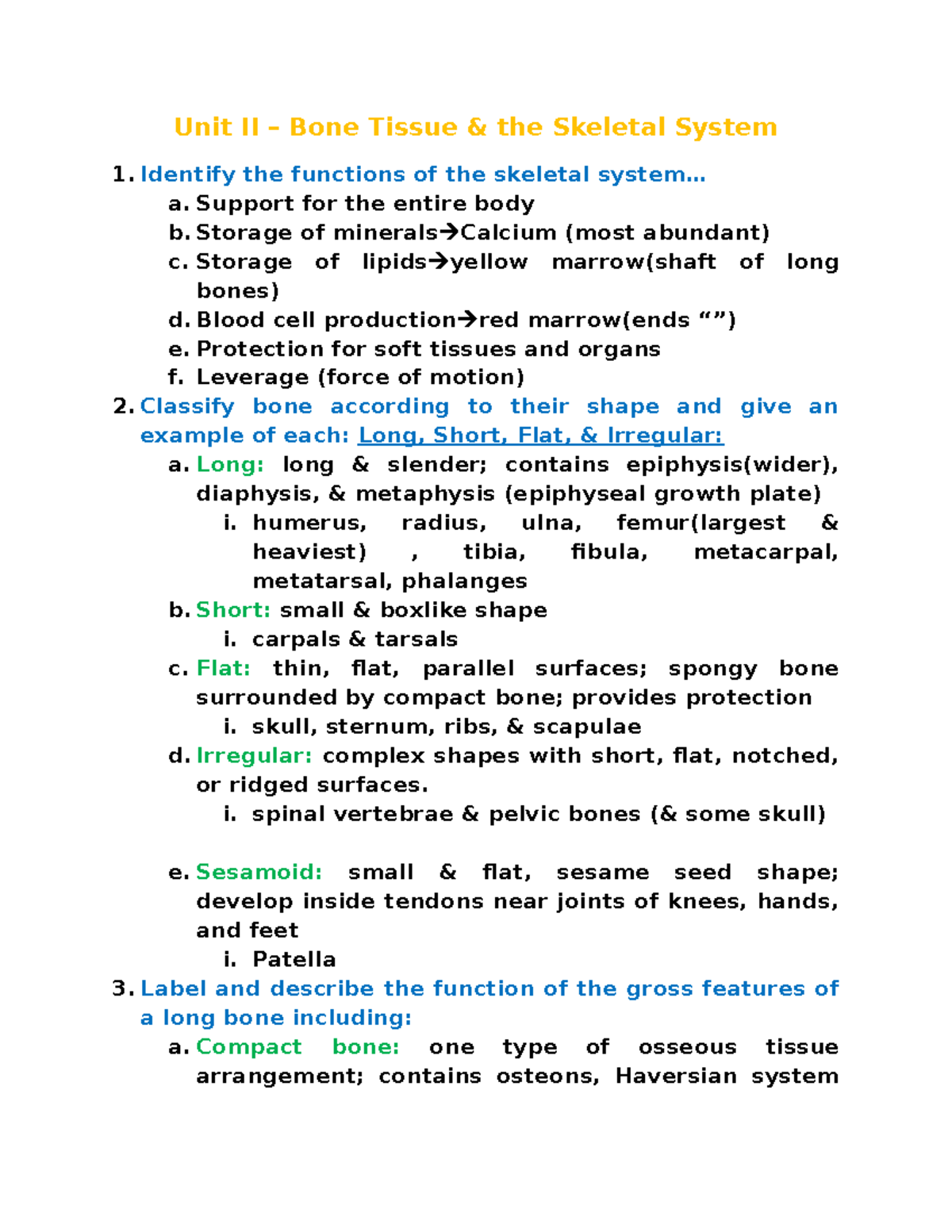 Unit II Lecture Obj Study Guide New - Unit II – Bone Tissue & the ...