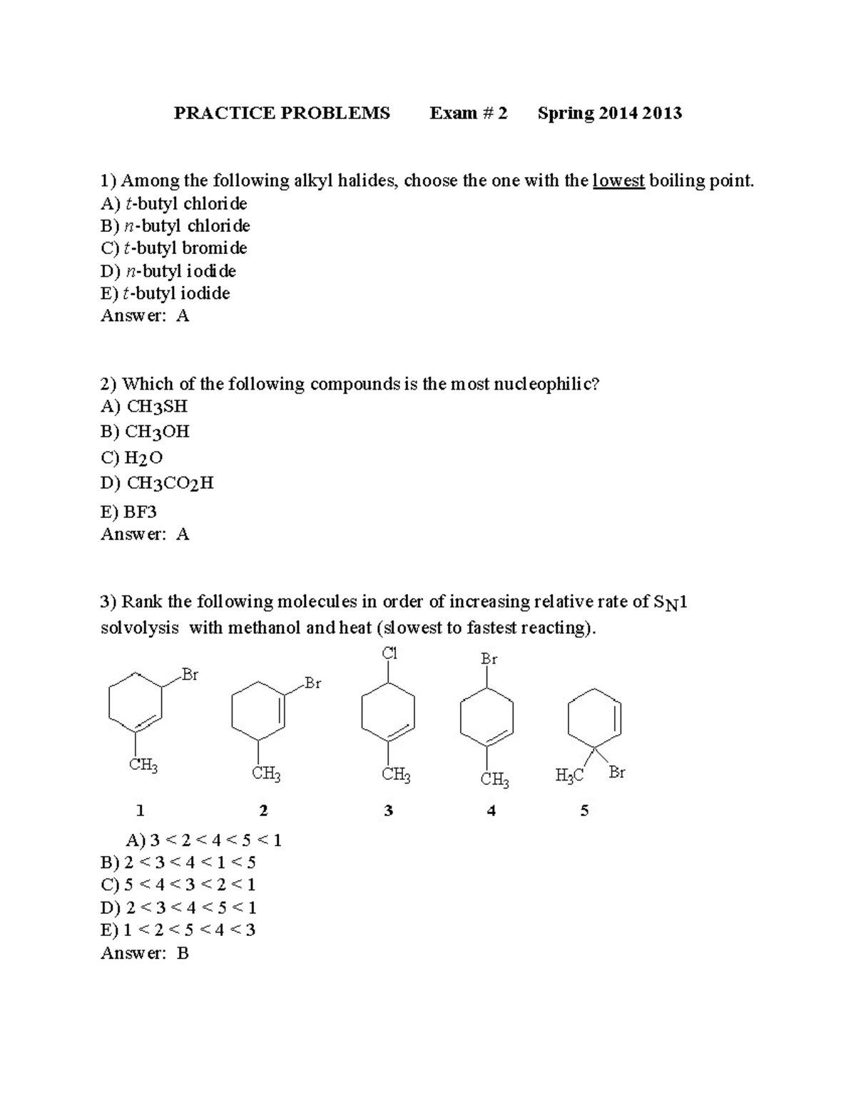 Practice Exam Sp 214. Chem 211 - PRACTICE PROBLEMS Exam # 2 Spring 2014 ...