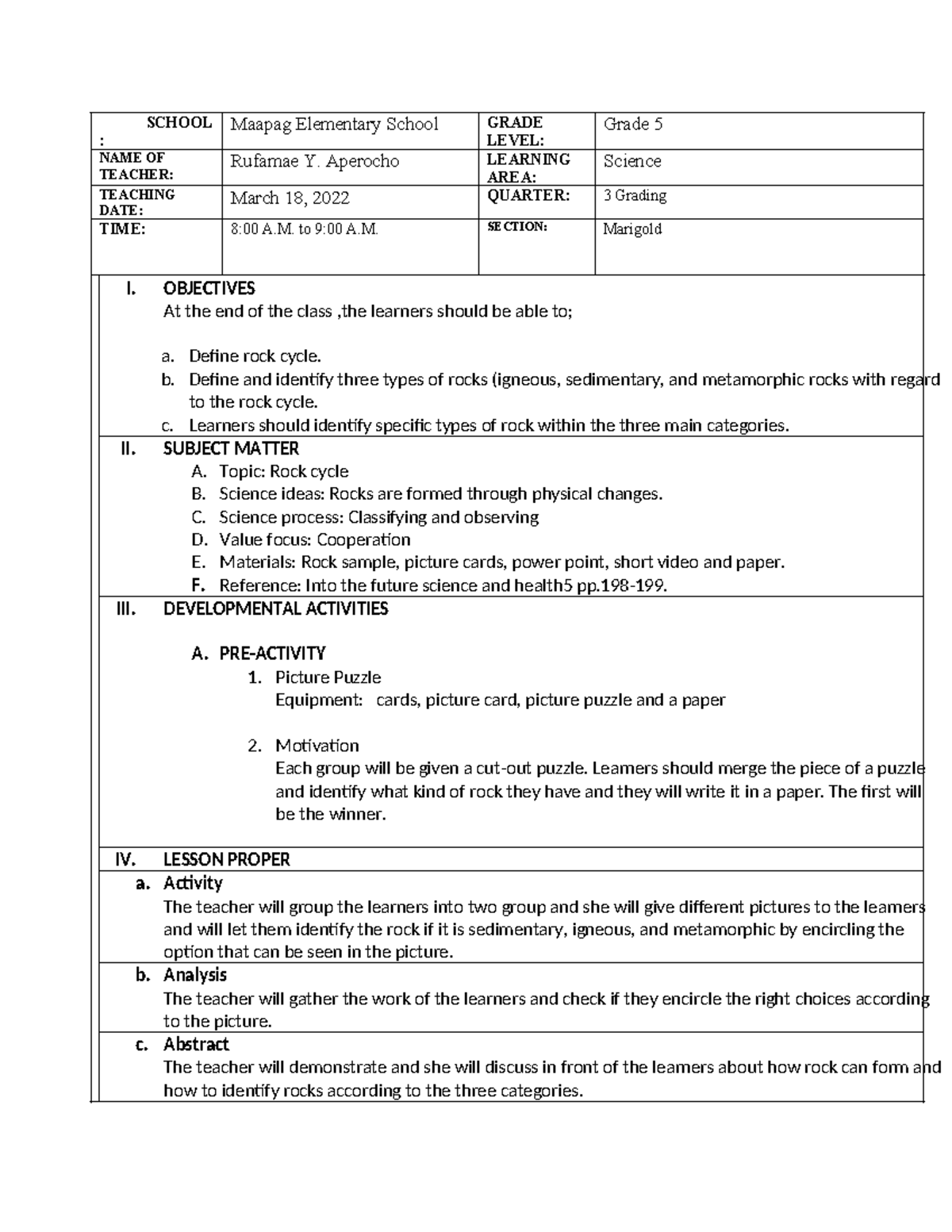 4A's Lesson PLAN - SCHOOL : Maapag Elementary School GRADE LEVEL: Grade ...