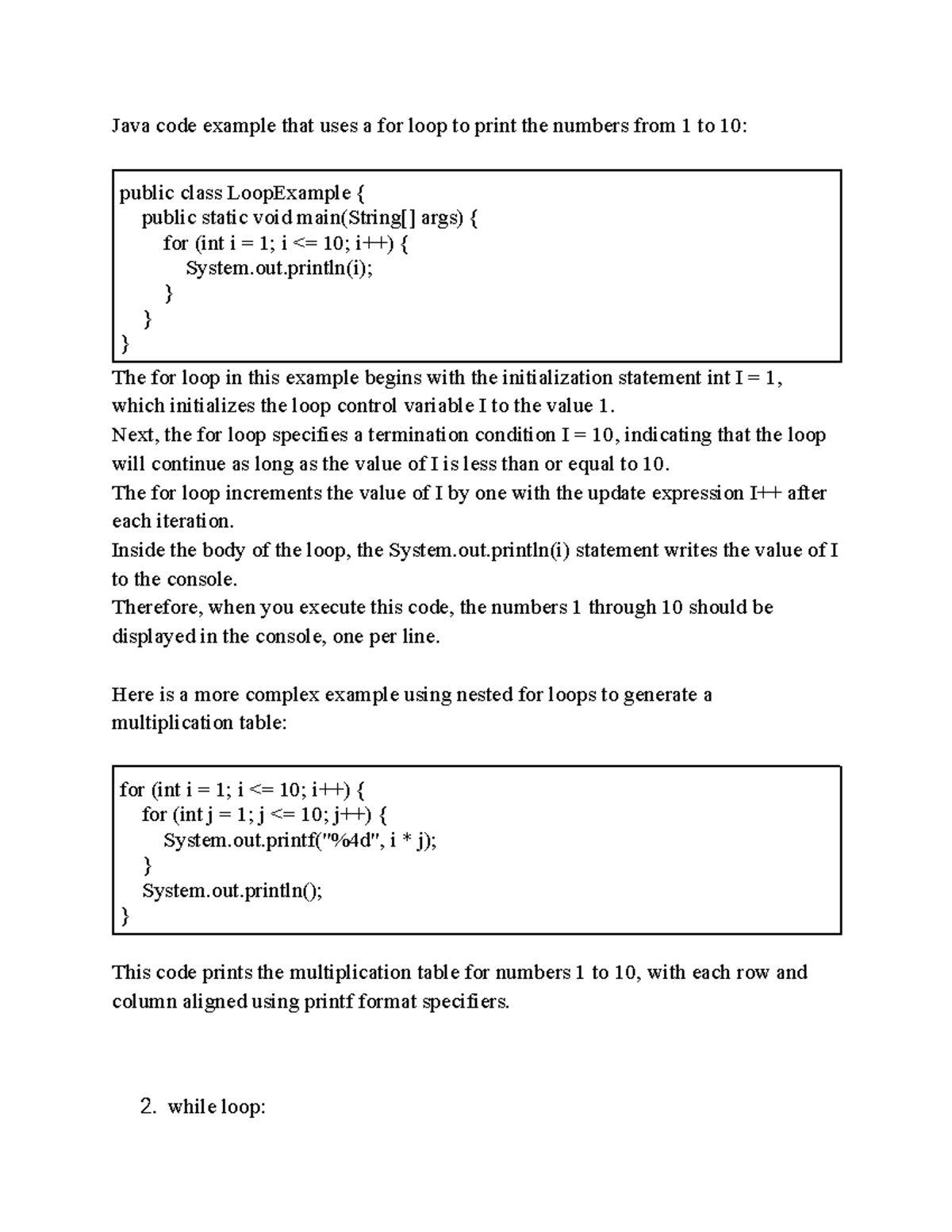 JAVA CODE ( Loops) - Class Work - Java code example that uses a for ...