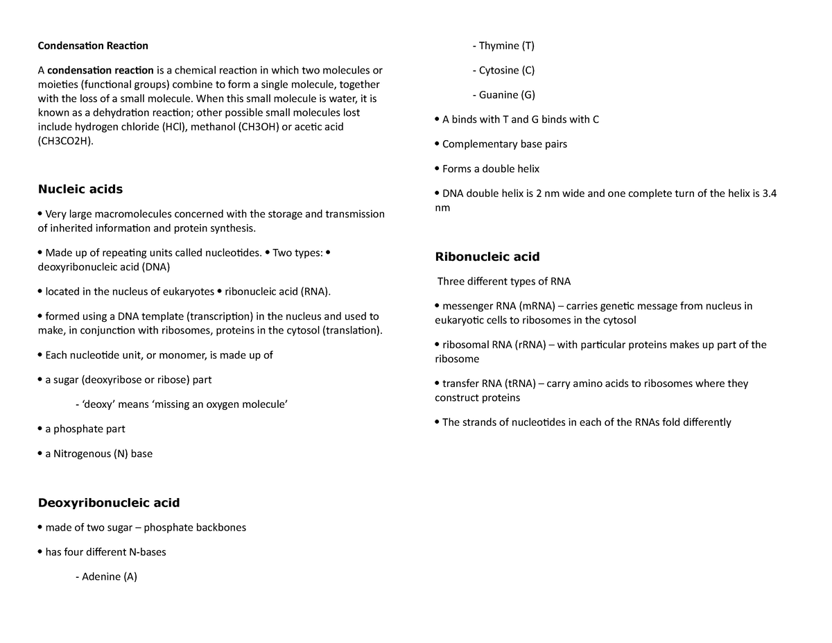 Biology Reaction and DNA - Condensation Reaction A condensation ...