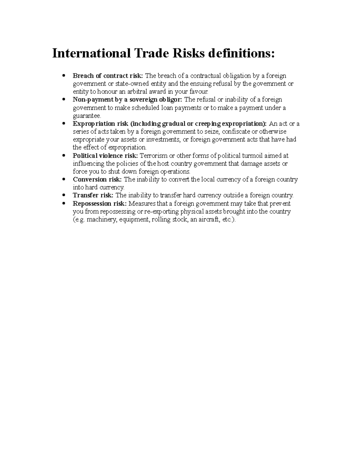 Risk definitions - Lecture notes 1.5 - International Trade Risks ...
