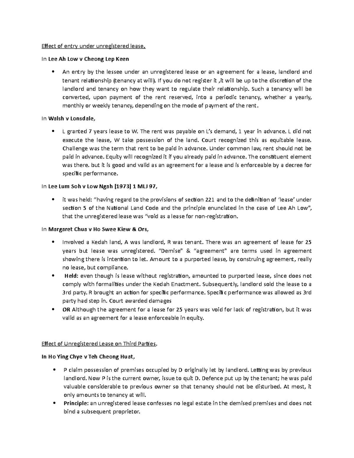 Cases on leases - Effect of entry under unregistered lease, - Effect of ...