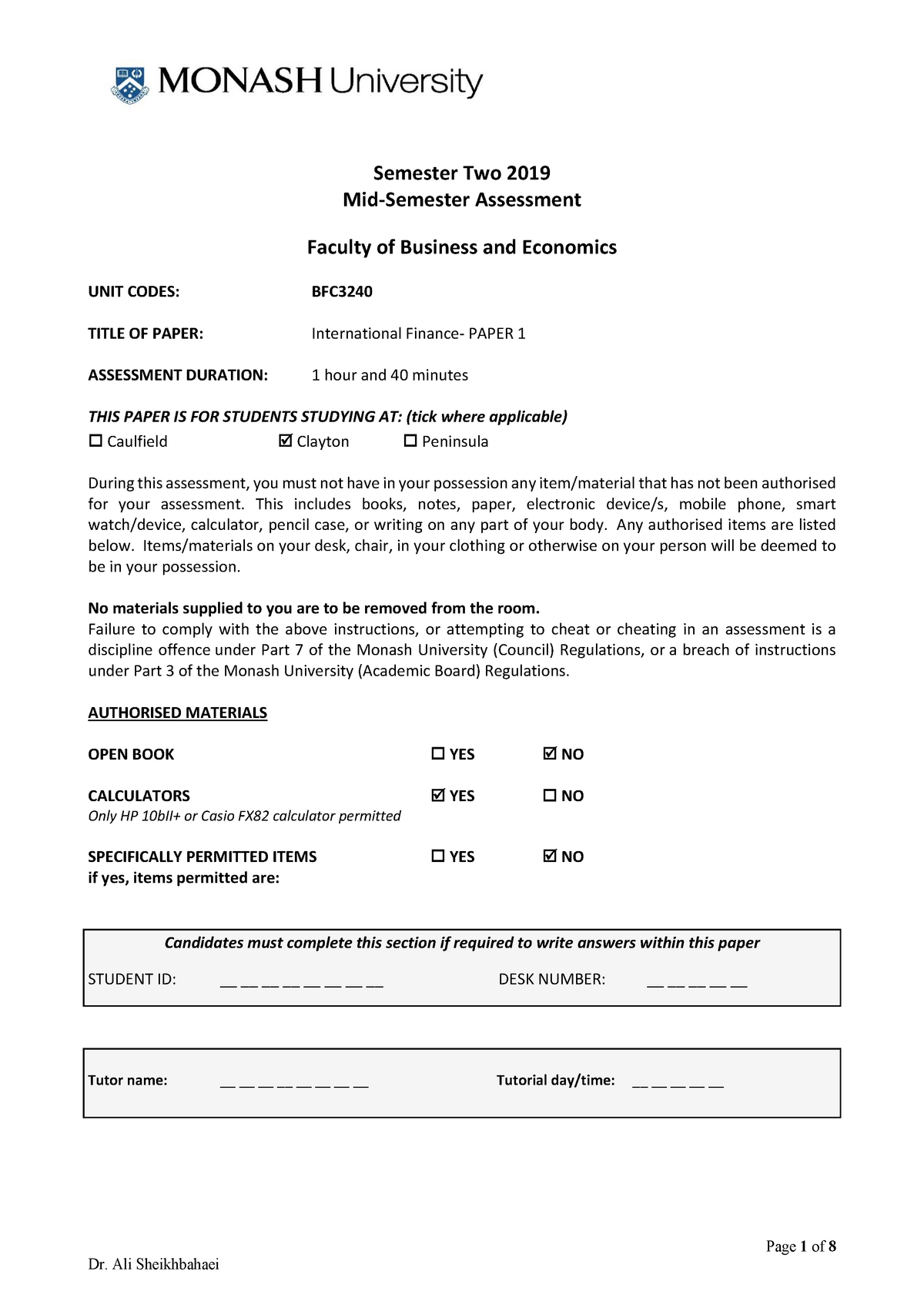 BFC3240-MST - MST questions - Page 1 of 8 **Semester Two 2019 Mid ...