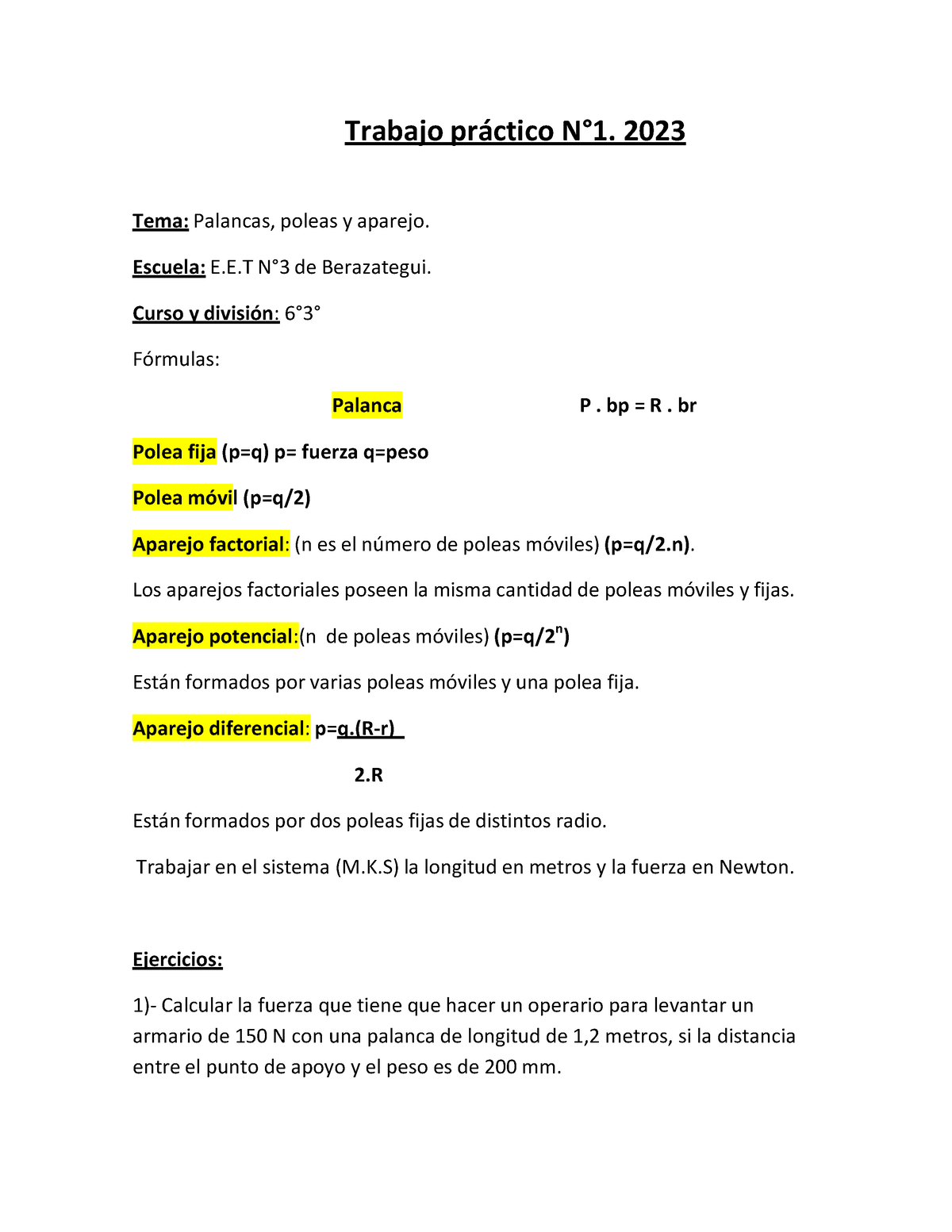 Trabajo N1-SM 2023 - MAQUINAS SIMPLES - Trabajo Pr·ctico N∞1. 2023 Tema ...