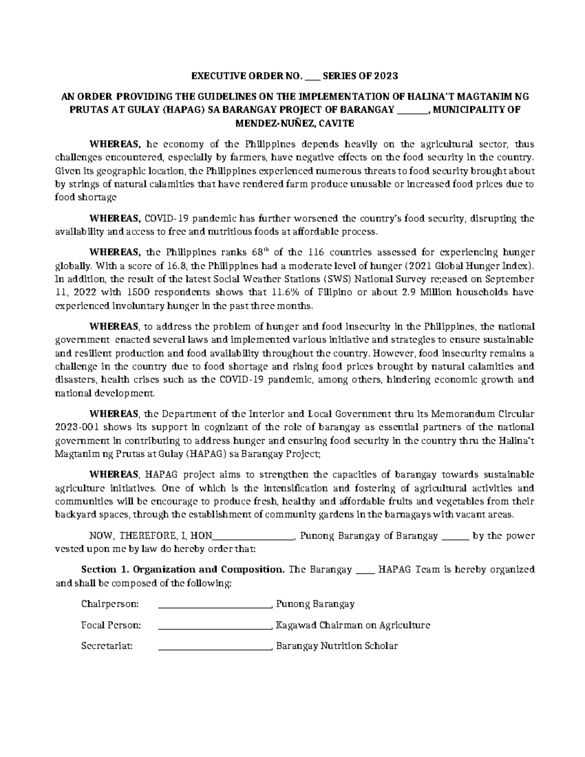 Implementation of Hapag - EXECUTIVE ORDER NO. ____ SERIES OF 2023 AN ...