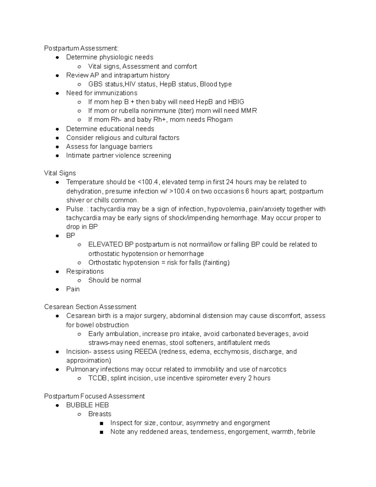 NRSG 3302- Postpartum Assessment Notes - Postpartum Assessment ...