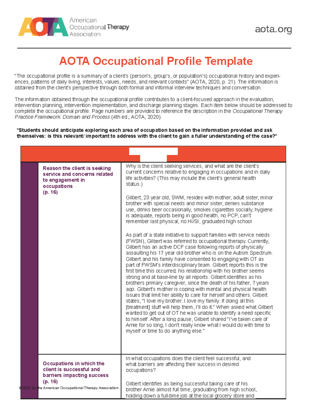 Gilbert OT Profile filled out aota AOTA Occupational Profile Template