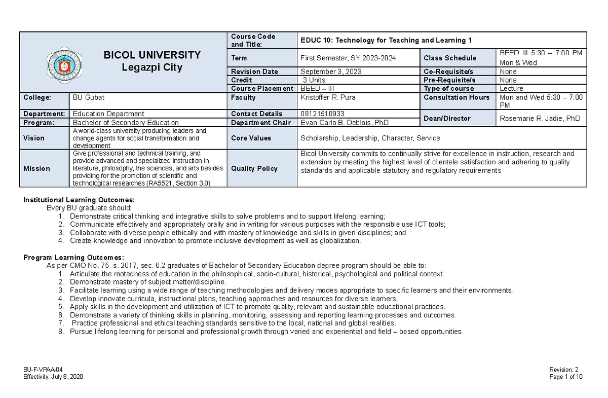 Syllabus Technology for Teaching Final 1 - BICOL UNIVERSITY Legazpi ...