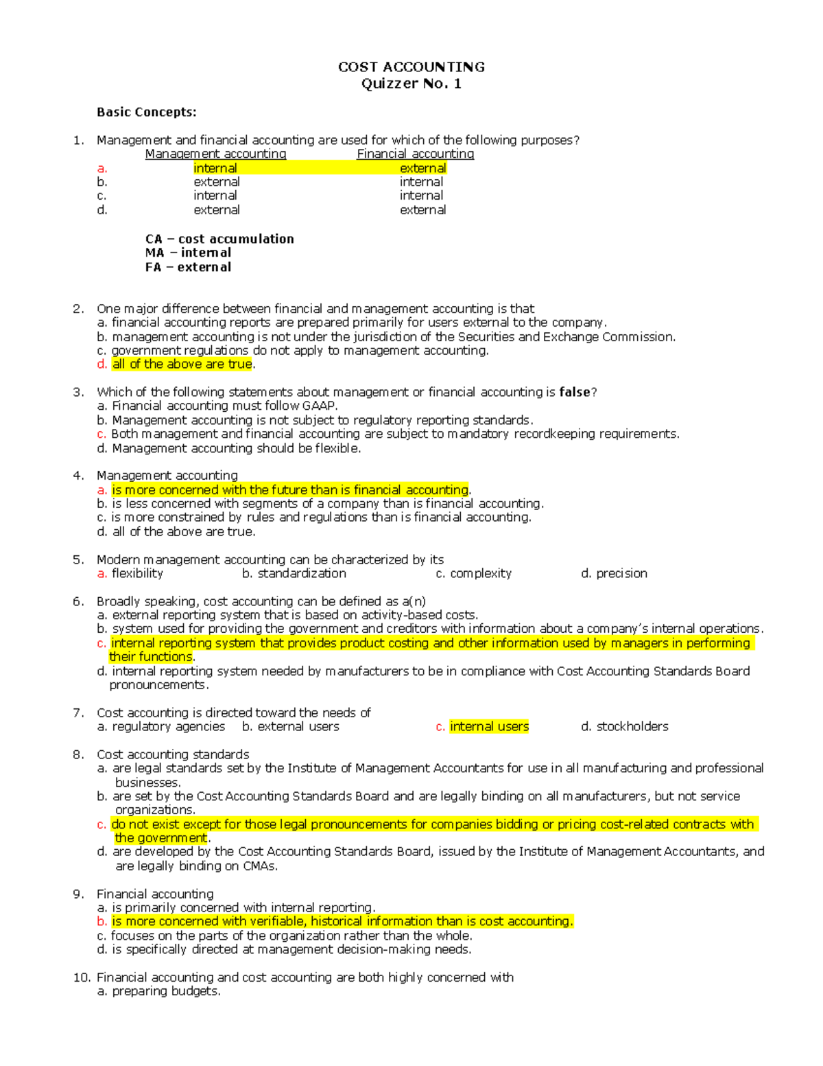 Cost-Quizzer 1 - Quiz - COST ACCOUNTING Quizzer No. 1 Basic Concepts ...