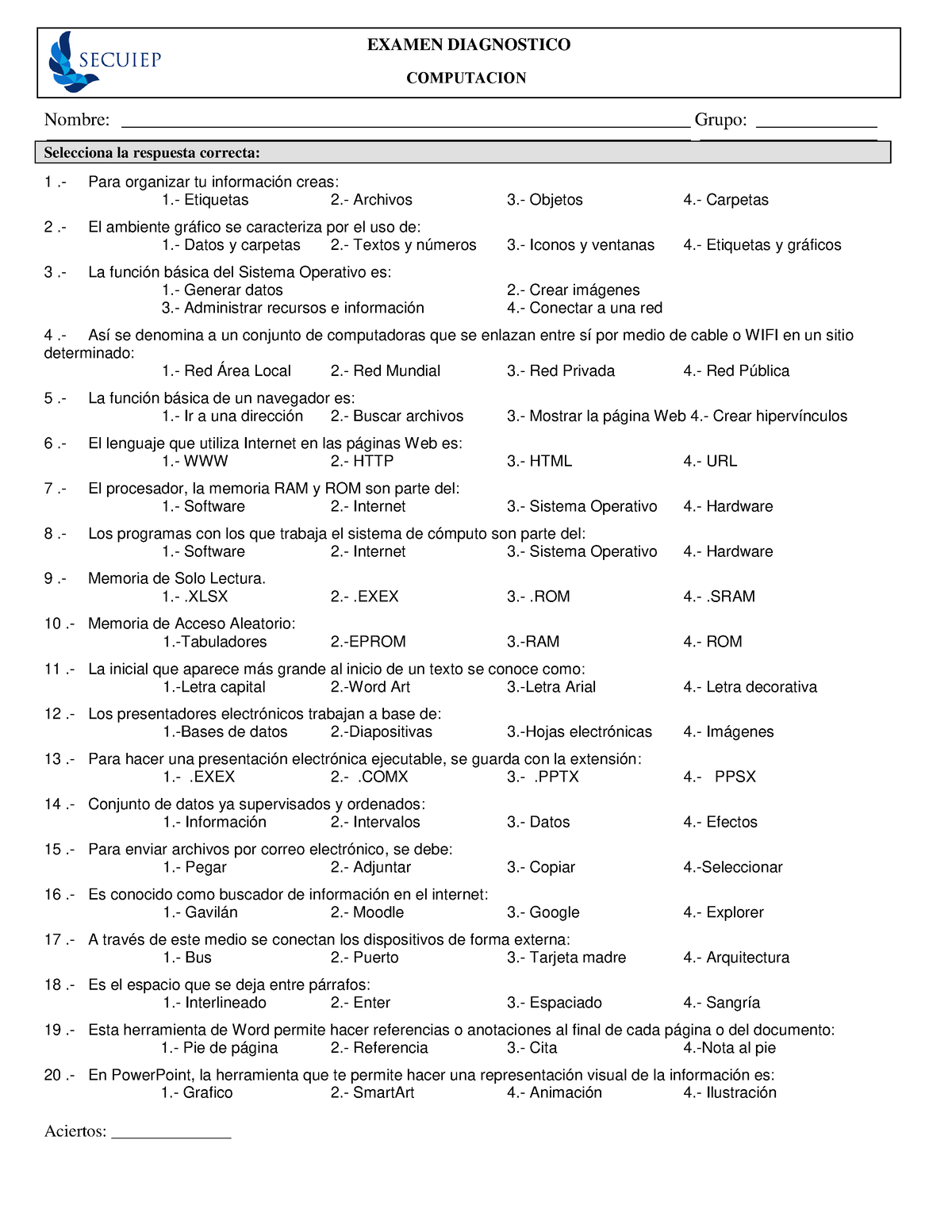 Examen Diagnostico Computacion Nombre Studocu