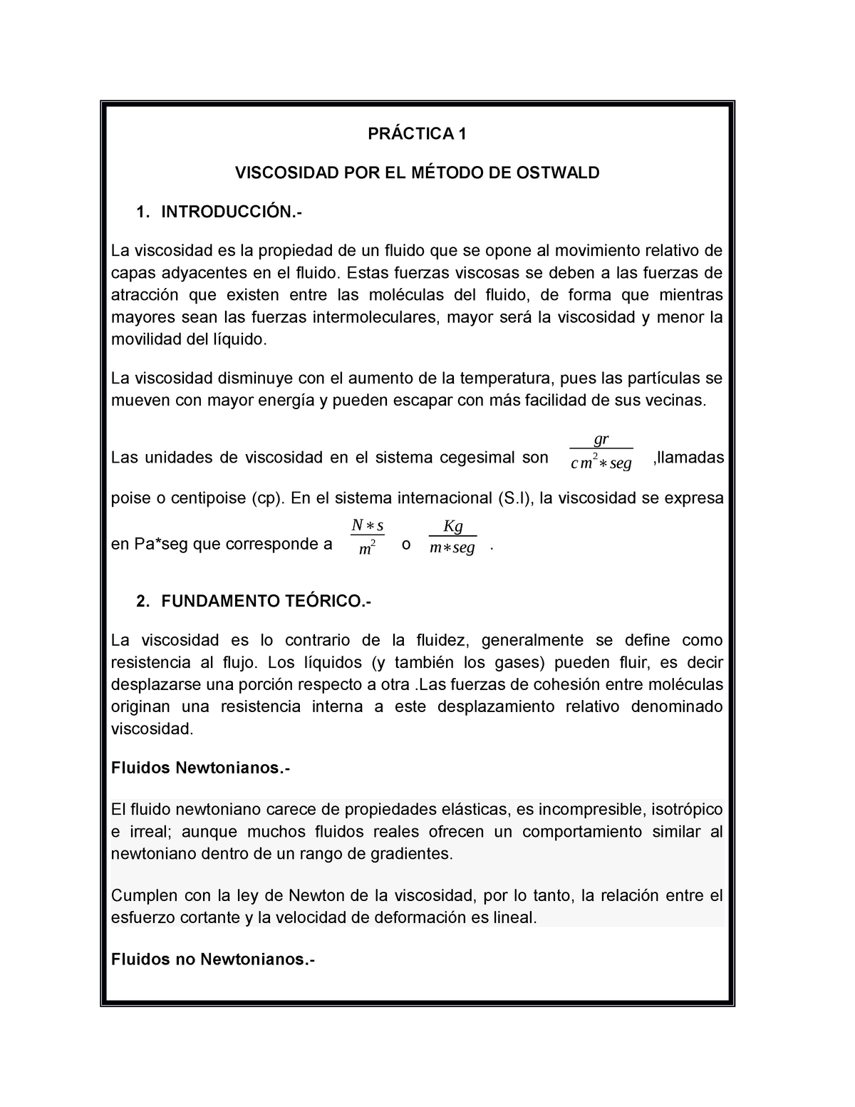 287595855 Practica 1 Viscosidad por el Metodo Ostwald - PRÁCTICA 1  VISCOSIDAD POR EL MÉTODO DE - Studocu