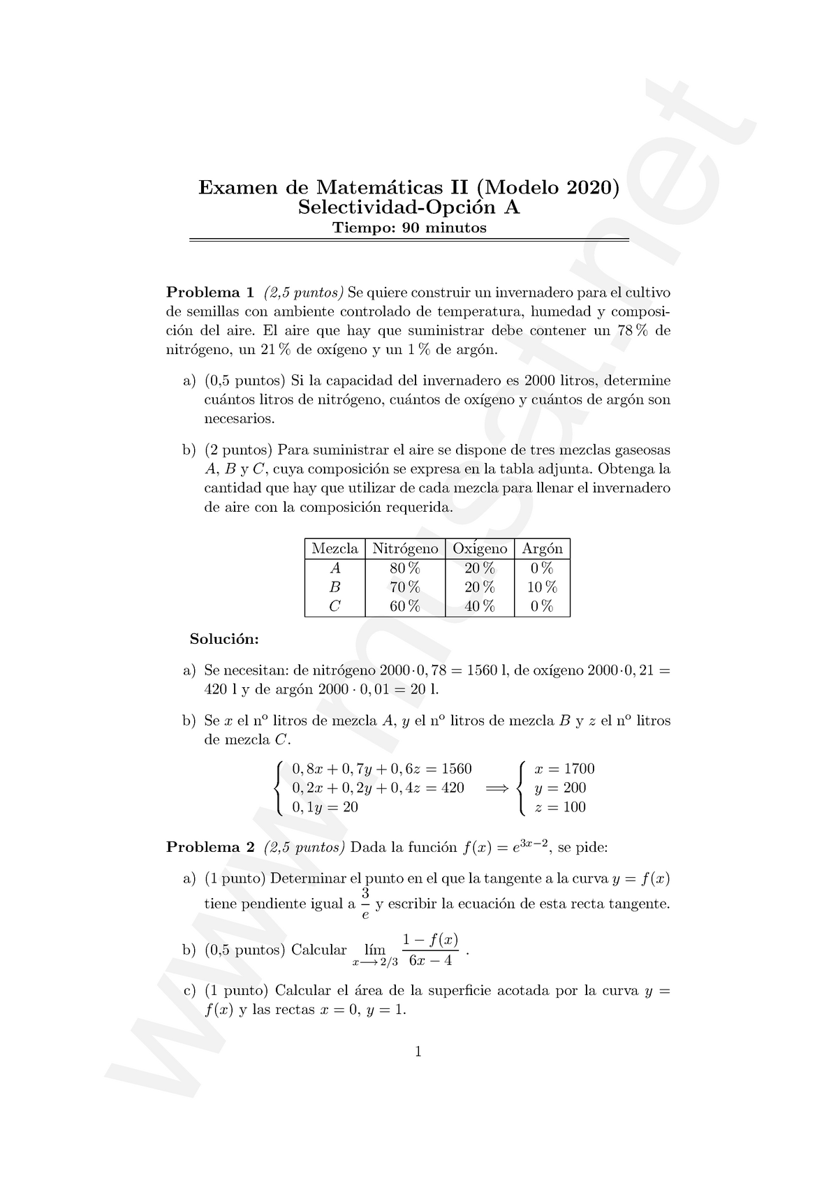 Examen 2020 - Examen De Matem ́aticas II (Modelo 2020) Selectividad ...