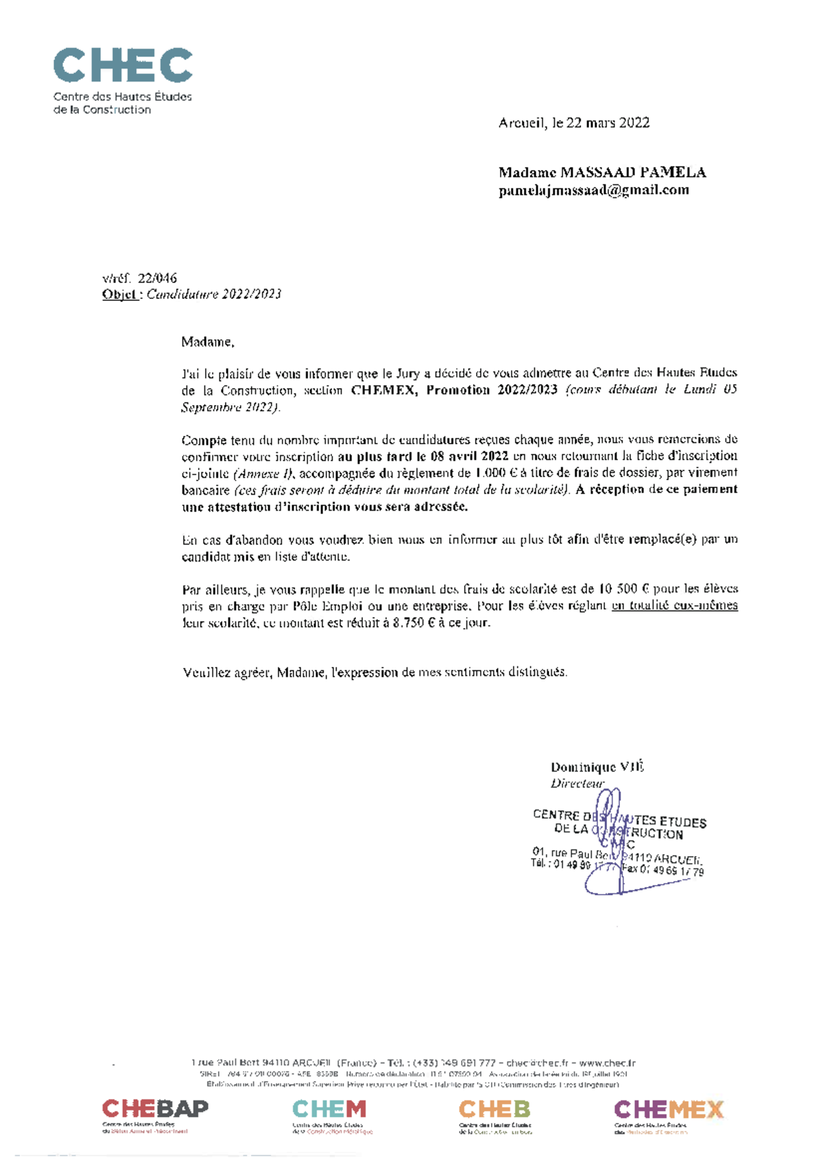 Acceptation CHEC CHEC centre des hautes etudes de la construction