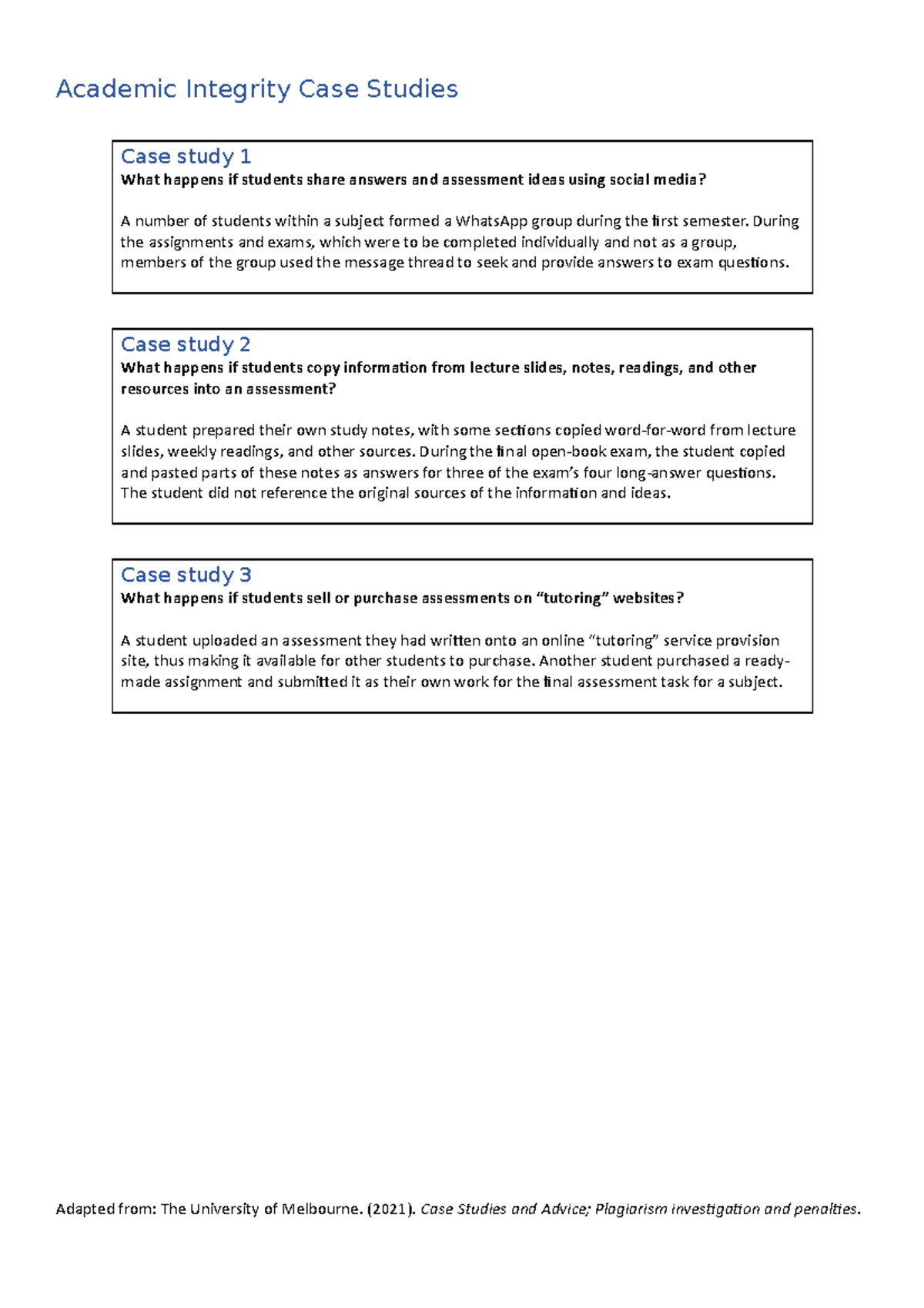 Case Studies Student Copy - Academic Integrity Case Studies Case Study ...