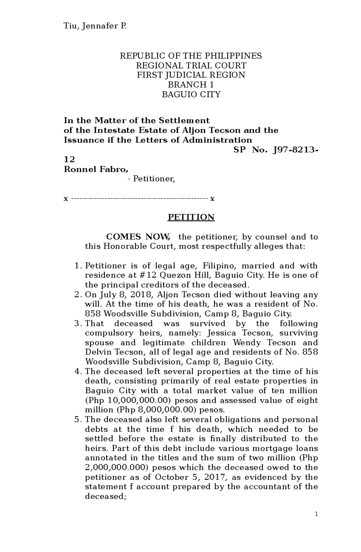 3999454102petitionforsettlementofestatedocx REPUBLIC OF THE