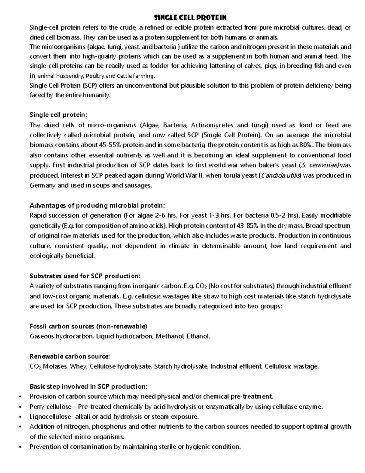 SCP - Detailed lecture note - SINGLE CELL PROTEIN Single-cell protein ...