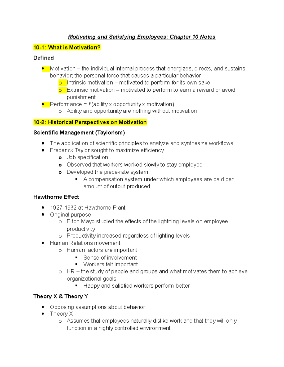 SEVI 2053 Chapter 10 Notes - Motivating and Satisfying Employees ...