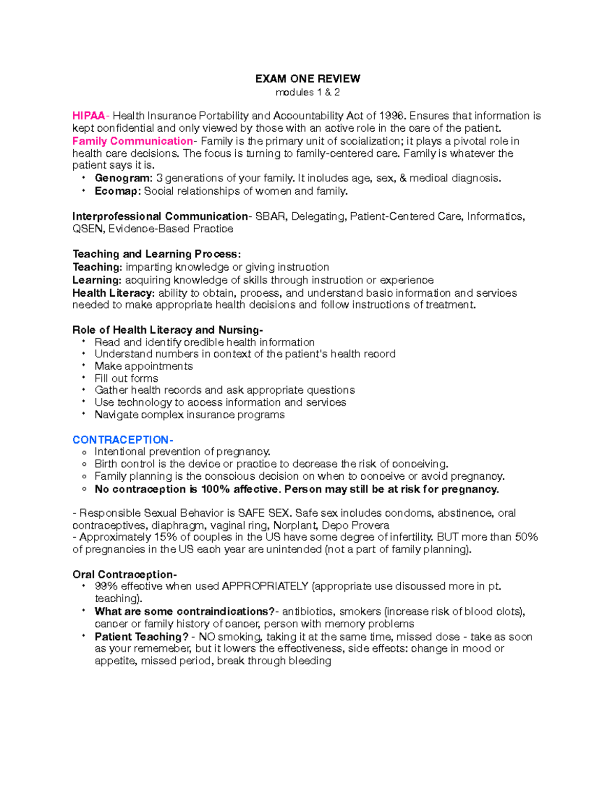 Exam-One-reviewnotes- Finished (1) - EXAM ONE REVIEW modules 1 & 2 ...