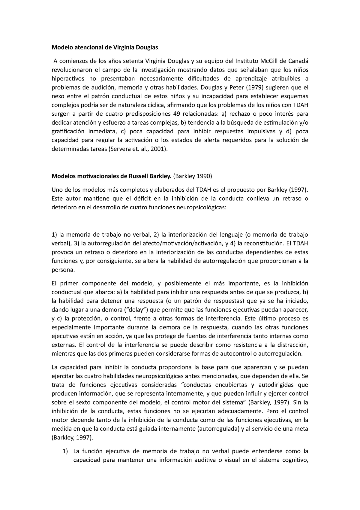 Modelo atencional de Virginia Douglas y Barkley - Modelo atencional de  Virginia Douglas. A comienzos - Studocu