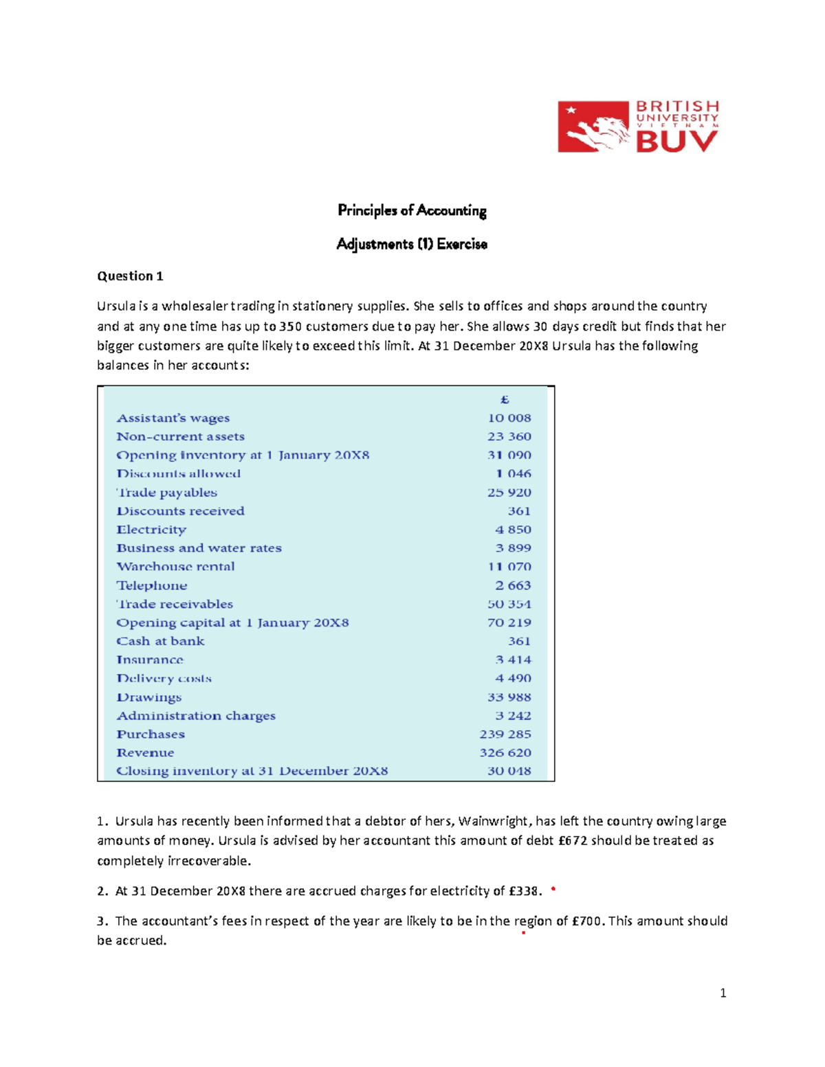 Adjustments for Financial Statements Exercise 1 Principles of
