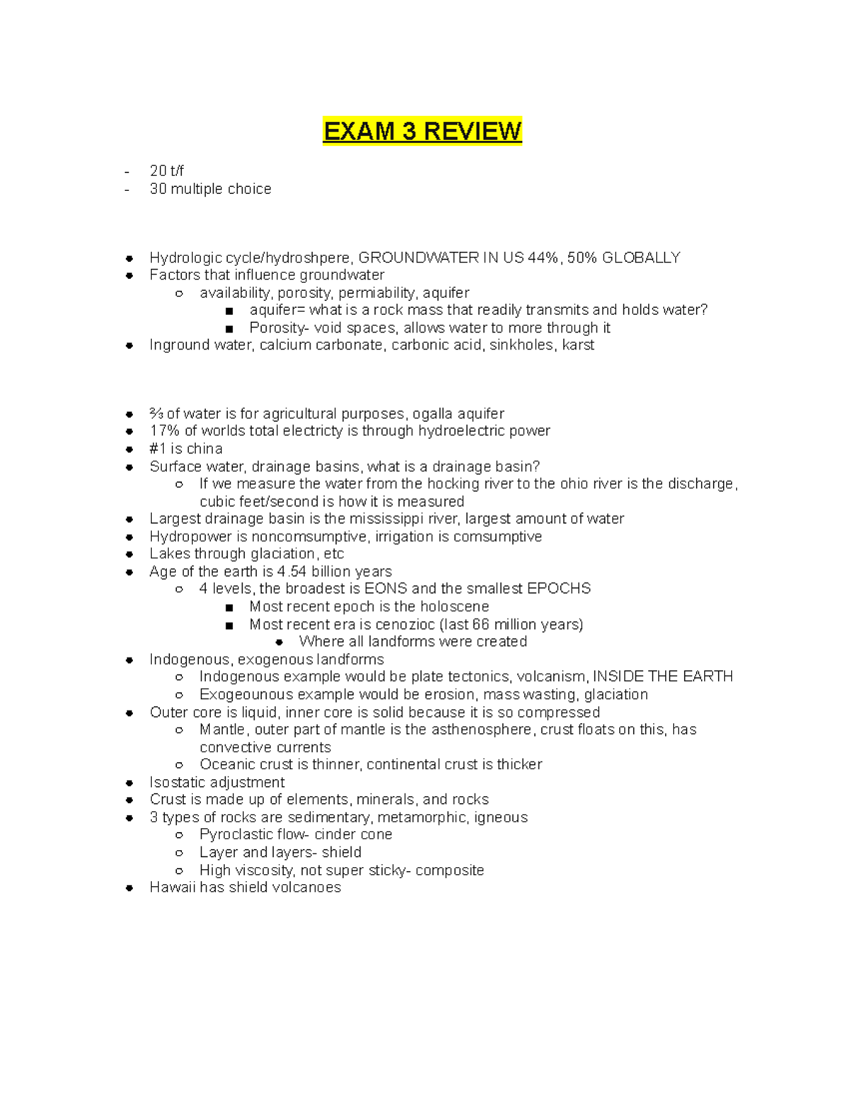 Exam 3 review pt 1 - Duane Nellis - EXAM 3 REVIEW 20 t/f 30 multiple ...