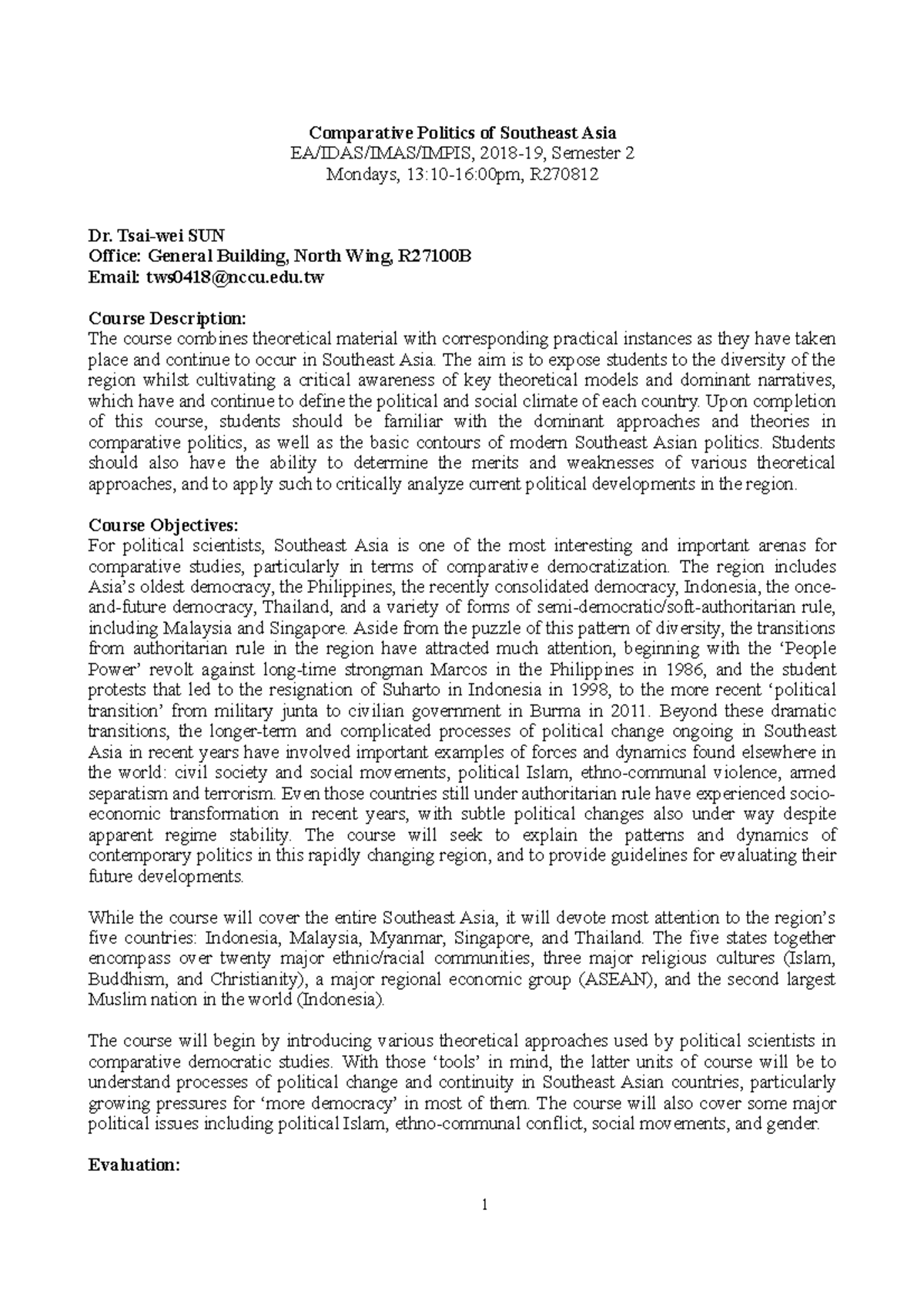 Syllabus (NEW) - Comparative Politics of Southeast Asia EA/IDAS/IMAS ...