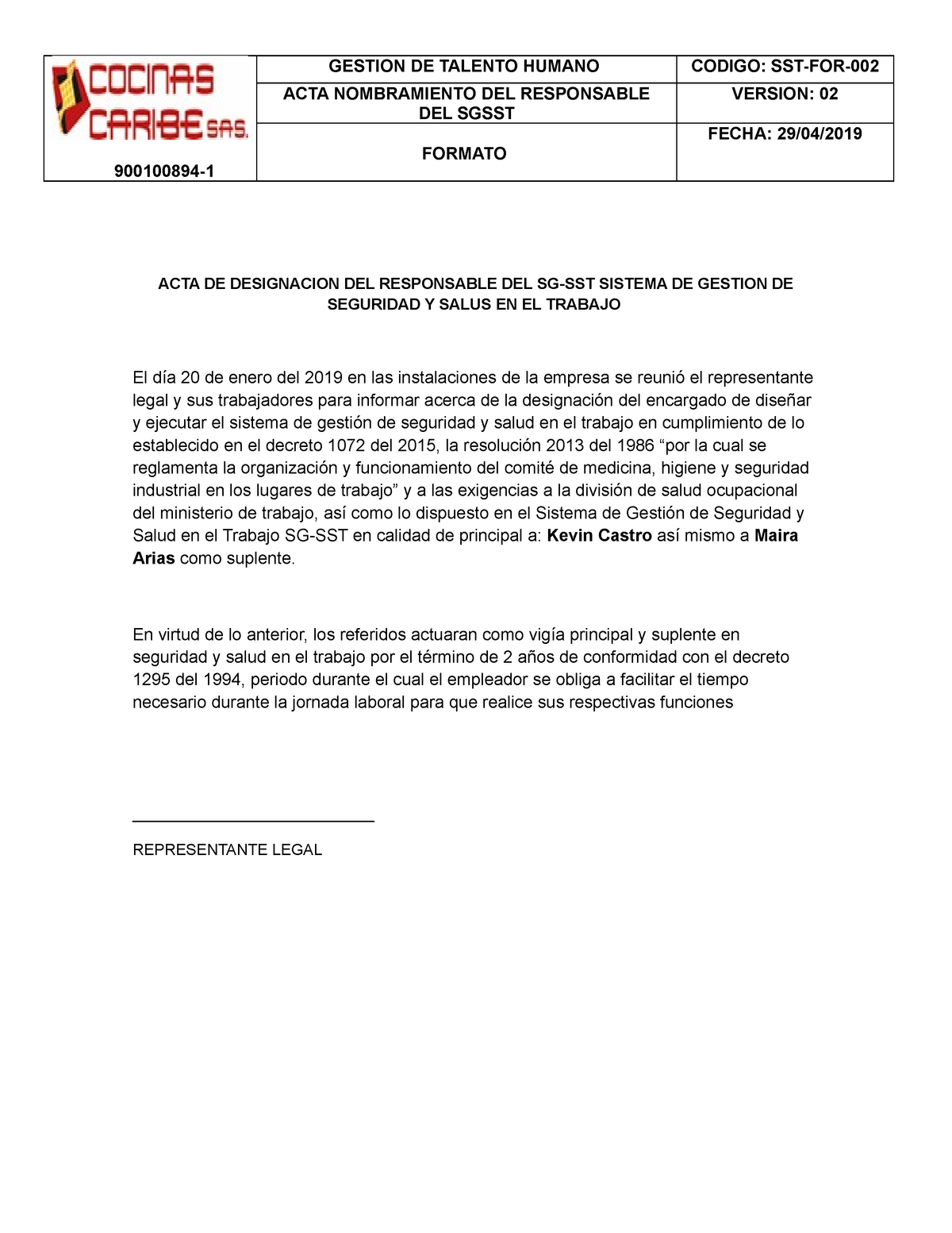 Acta Nombramiento Del Seguridad Y Salud En El Trabajo 900100894