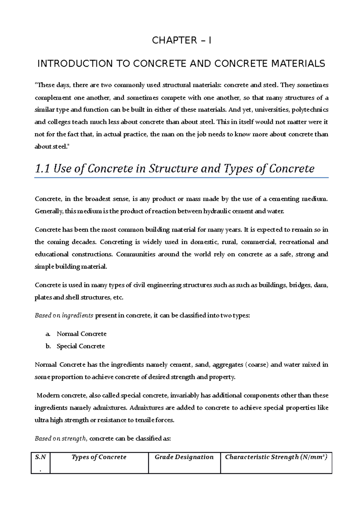 Chapter I Introduction to Concrete CHAPTER I INTRODUCTION TO