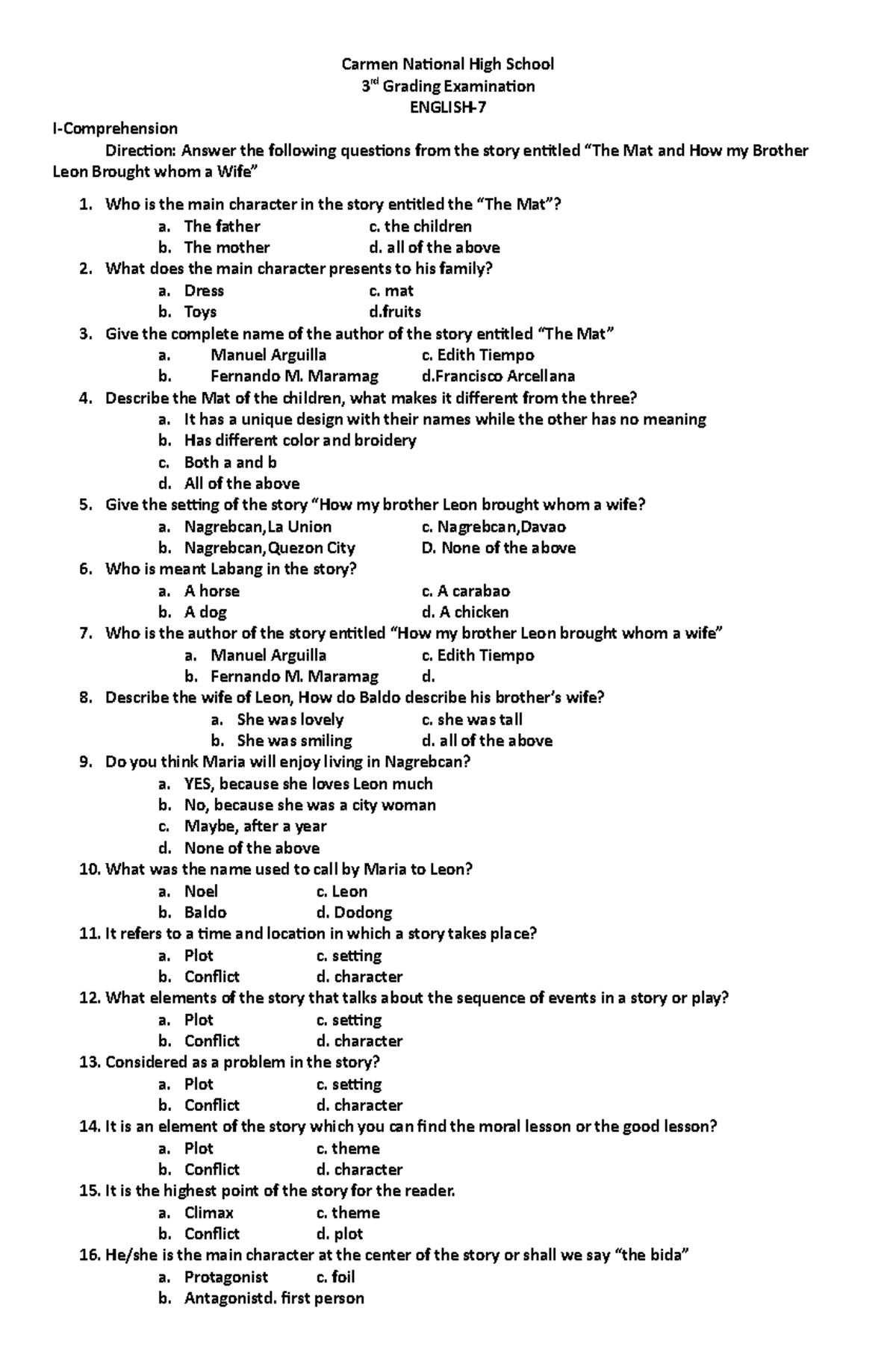 English - questionnaire and exams - Carmen National High School 3 rd ...