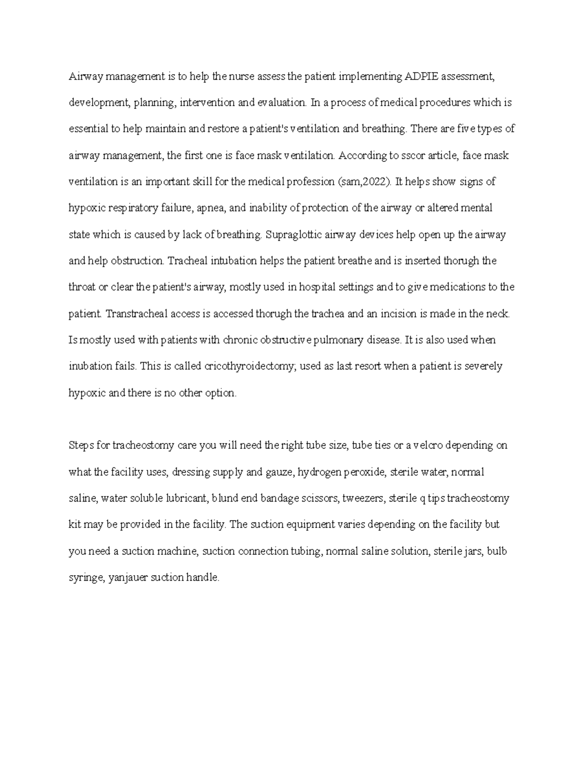 Airway document - Airway management is to help the nurse assess the ...