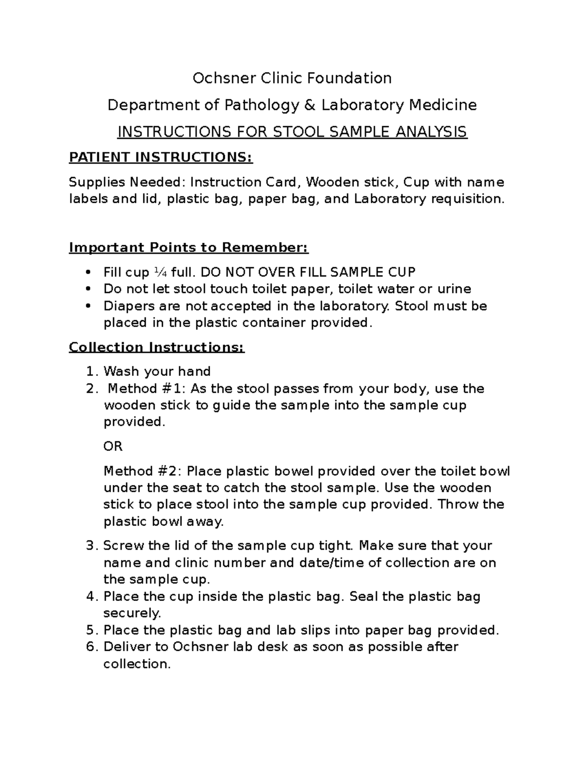 Stool sample instructions Ochsner Clinic Foundation Department of