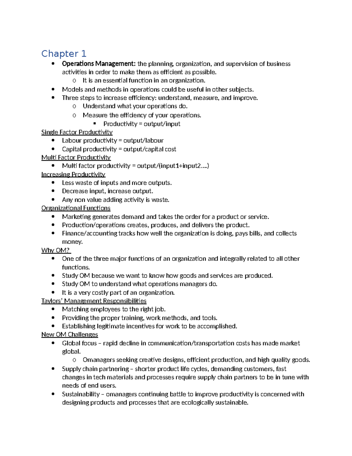 2OC3 Notes - Chapter 1 Operations Management: The Planning ...