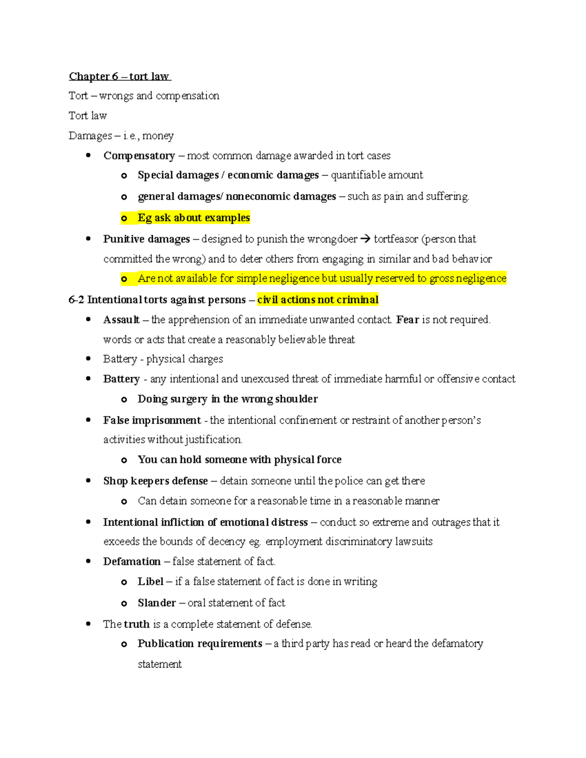 Bus221 Chapter 6,32,33,34,35 - Chapter 6 – tort law Tort – wrongs and ...