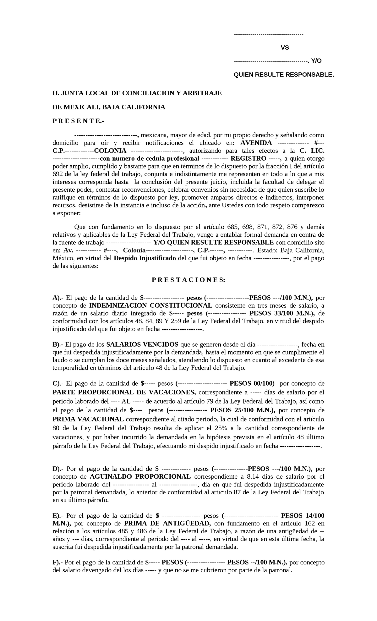 Formato de Demanda de Despido Injustificado - H. JUNTA LOCAL DE  CONCILIACION Y ARBITRAJE DE - Studocu