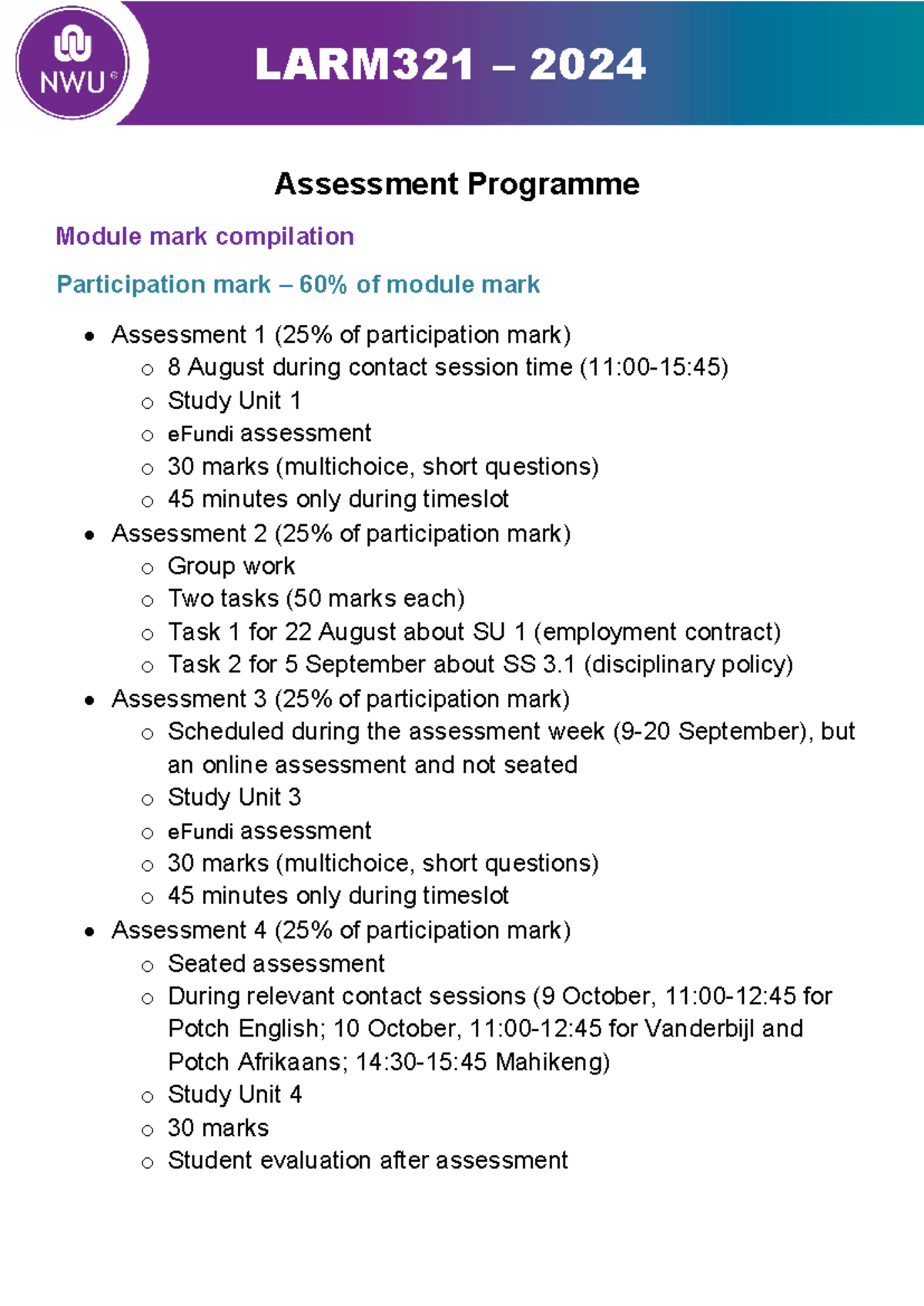 LARM321 Assessment Programme 2024 - Assessment Programme Module mark ...