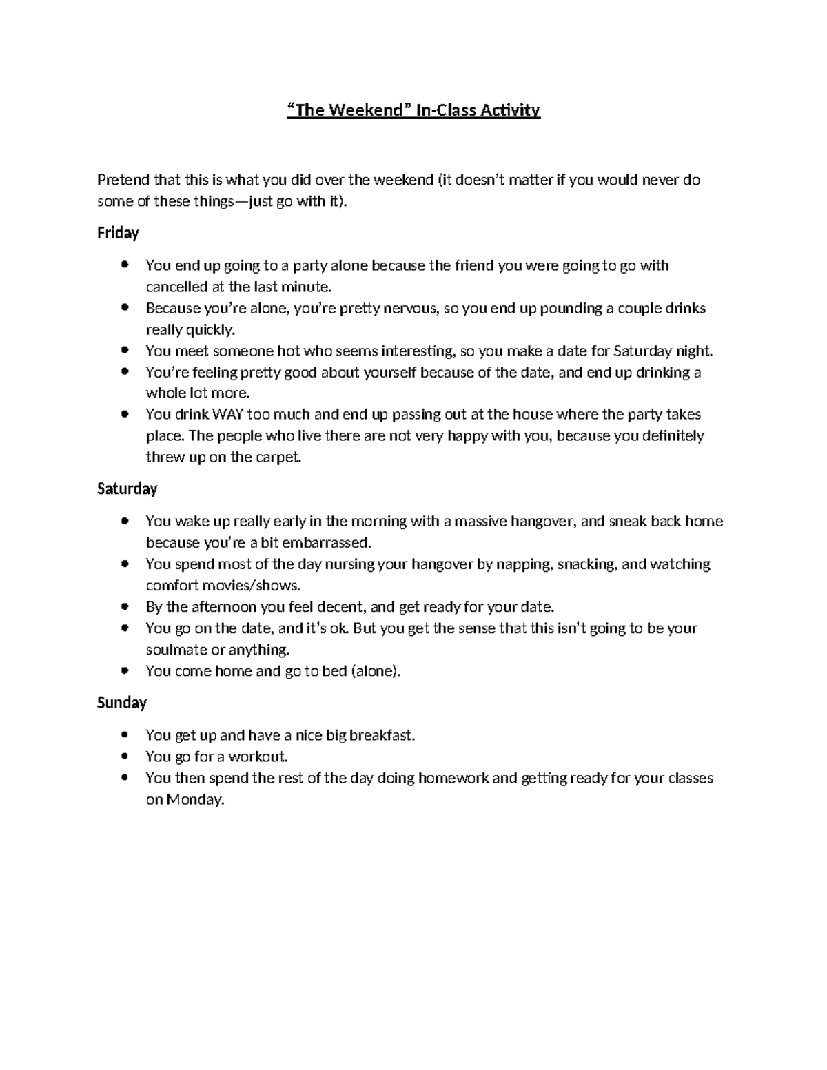 Comp The Weekend In-Class Activity - “The Weekend” In-Class Activity ...