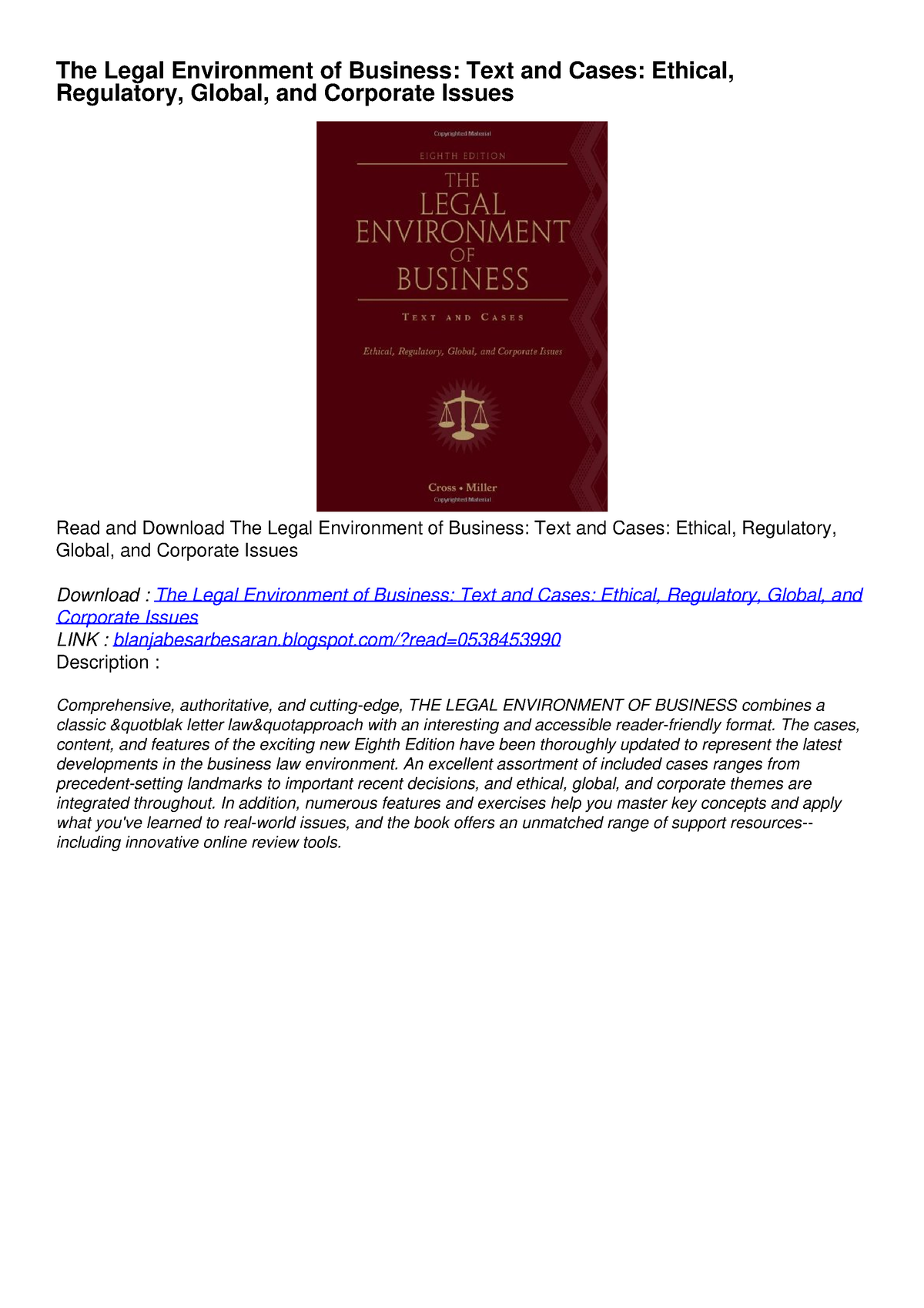 PDF KINDLE DOWNLOAD The Legal Environment Of Business: Text And Cases ...