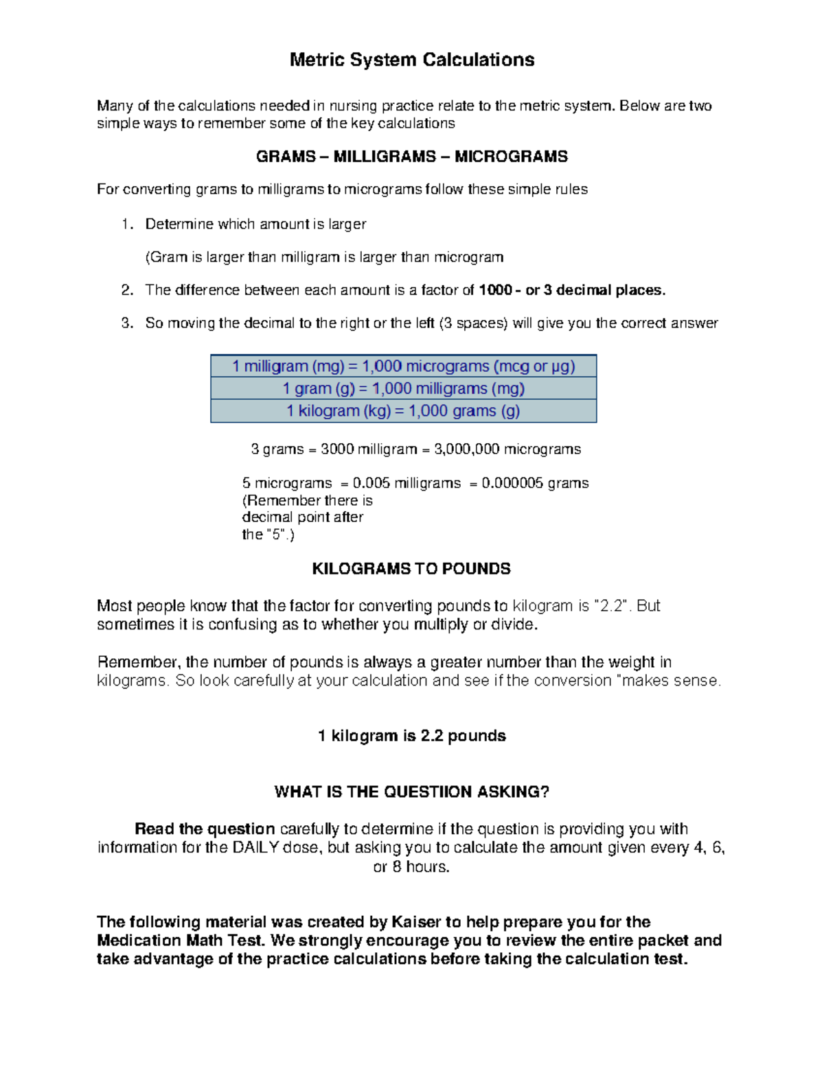 Kaiser Math Toolkit - Primer on dosage calculation with answers ...