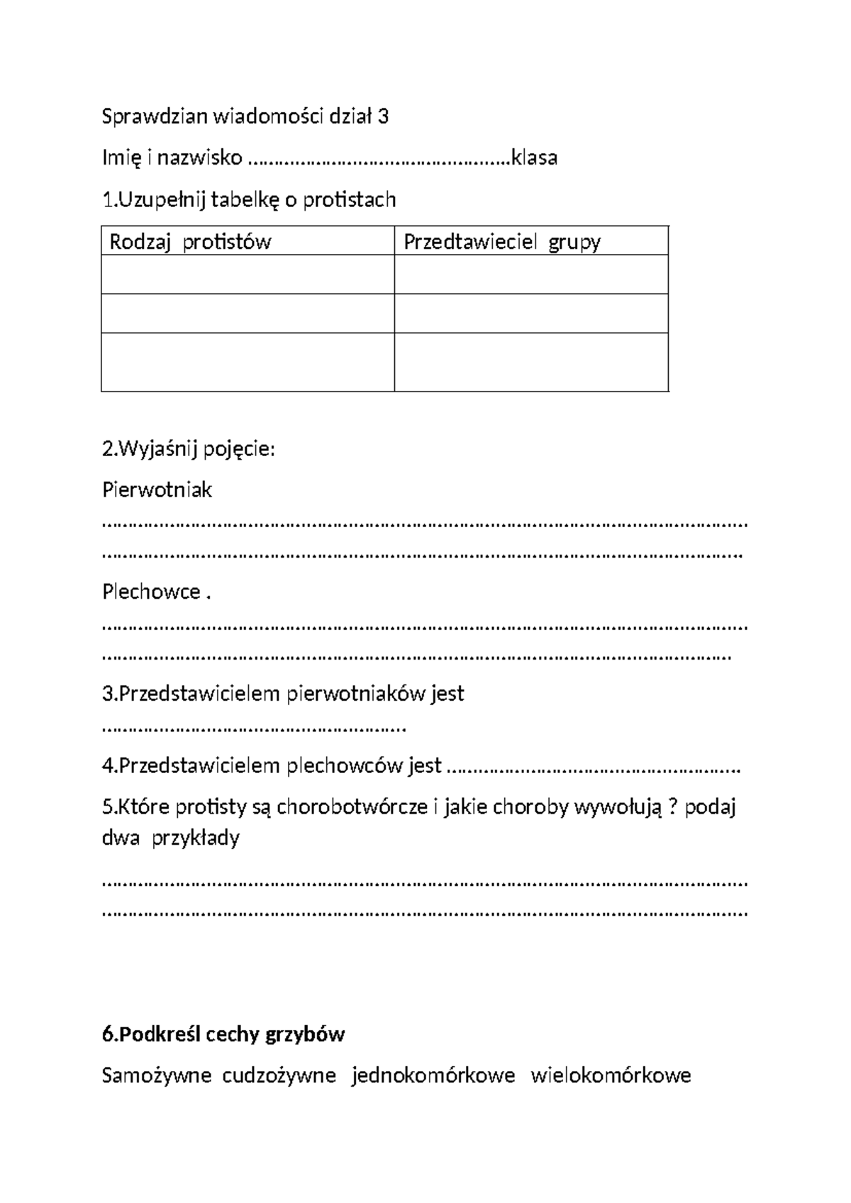 Sprawdzian klasa V dział 3 - Sprawdzian wiadomości dział 3 Imię i