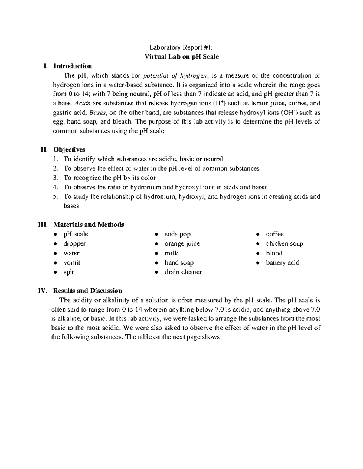 Laboratory Report #1 - Virtual Lab On P H Scale - Introduction The PH ...